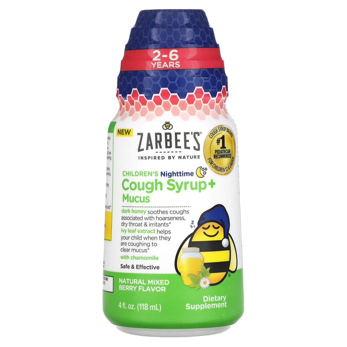 Zarbee's-Children's Nighttime-Cough Syrup + Mucus-2-6 Years-Natural Mixed Berry-4 fl oz (118 ml)