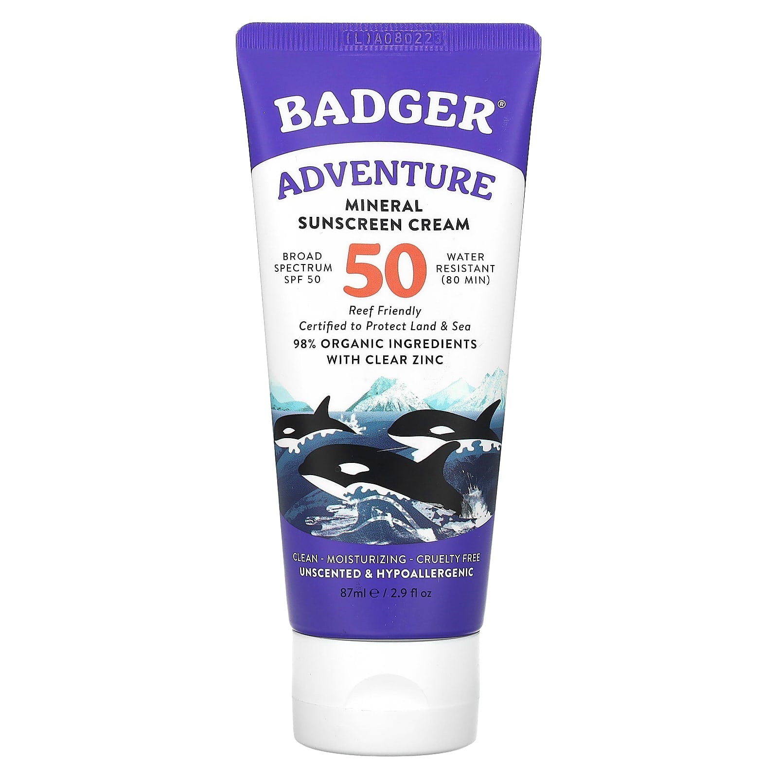 Badger Company-Adventure-Mineral Sunscreen Cream-SPF 50-Unscented-2.9 fl oz (87 ml)