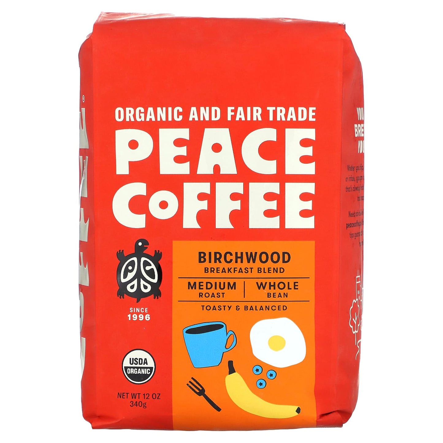 Peace Coffee-Organic Birchwood Breakfast Blend-Whole Blend-Medium Roast-12 oz (340 g)