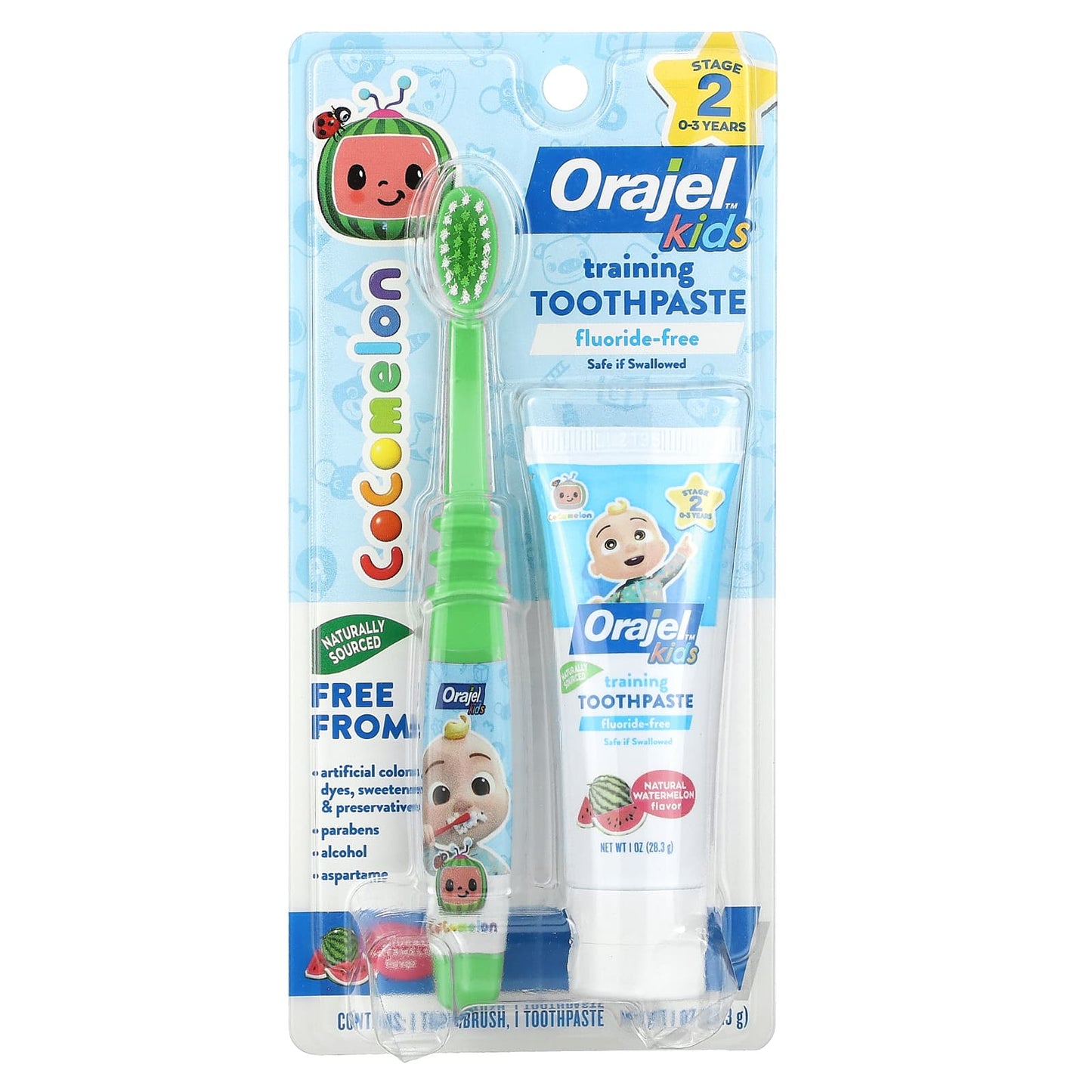 Orajel-Kids-Cocomelon Training Toothpaste with Toothbrush-Fluoride-Free-0-3 Years-Watermelon-2 Piece Set-1 oz (28.3 g)