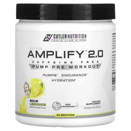 Cutler Nutrition-Amplify 2.0-Pump Pre Workout-Caffeine Free-Sour Lemonade-9.87 oz (280 g)