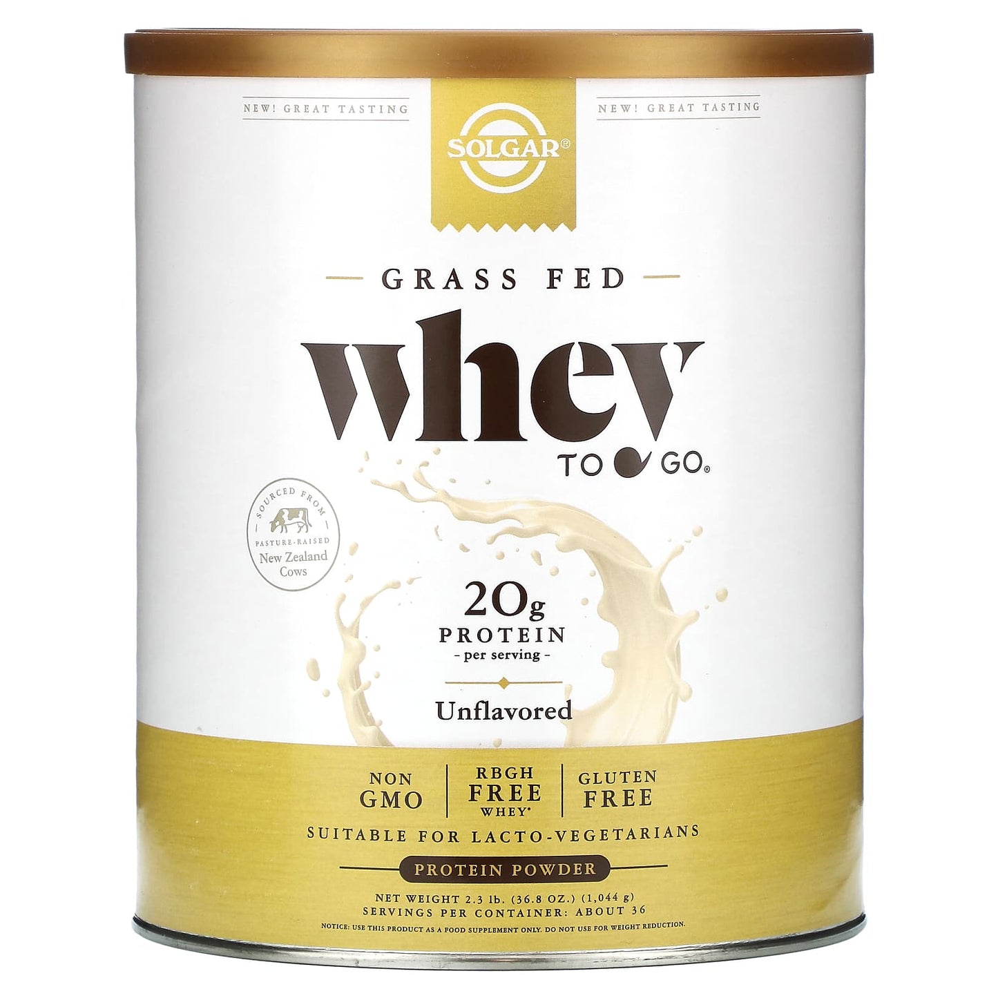 Solgar-Grass Fed-Whey To Go Protein Powder-Unflavored-36.8 oz (1,044 g)