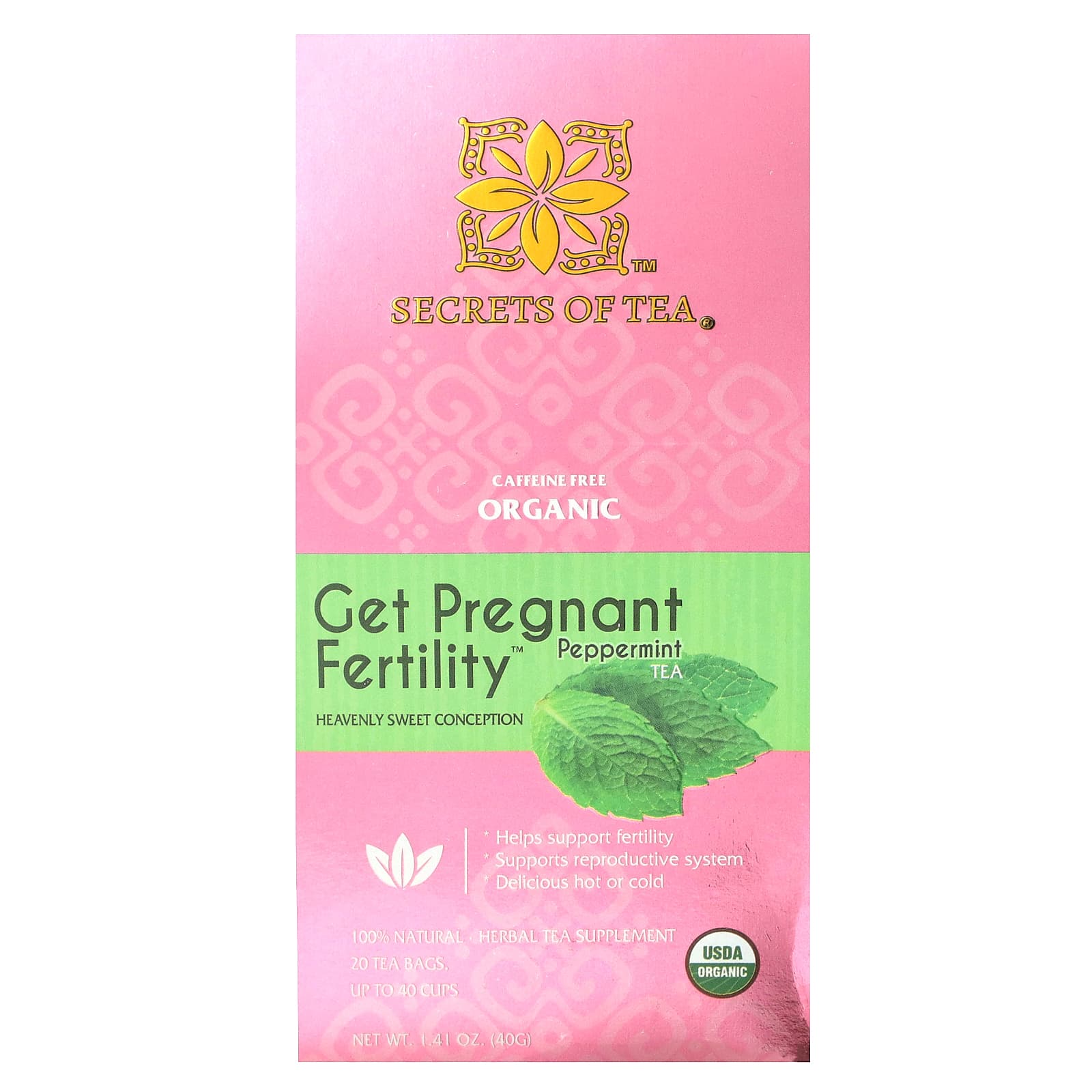 Secrets of Tea-Organic Get Pregnant Fertility Tea-Peppermint-Caffeine Free-20 Tea Bags-1.41 oz (40 g)