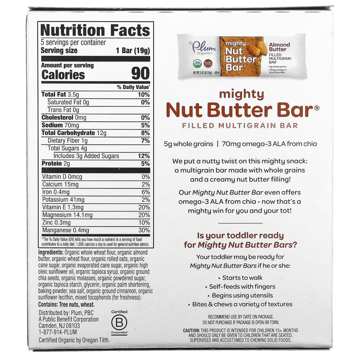 Plum Organics, Mighty Nut Butter Bar, 15 Months & Up, Almond Butter, 5 Bars, 0.67 oz (19 g) Each