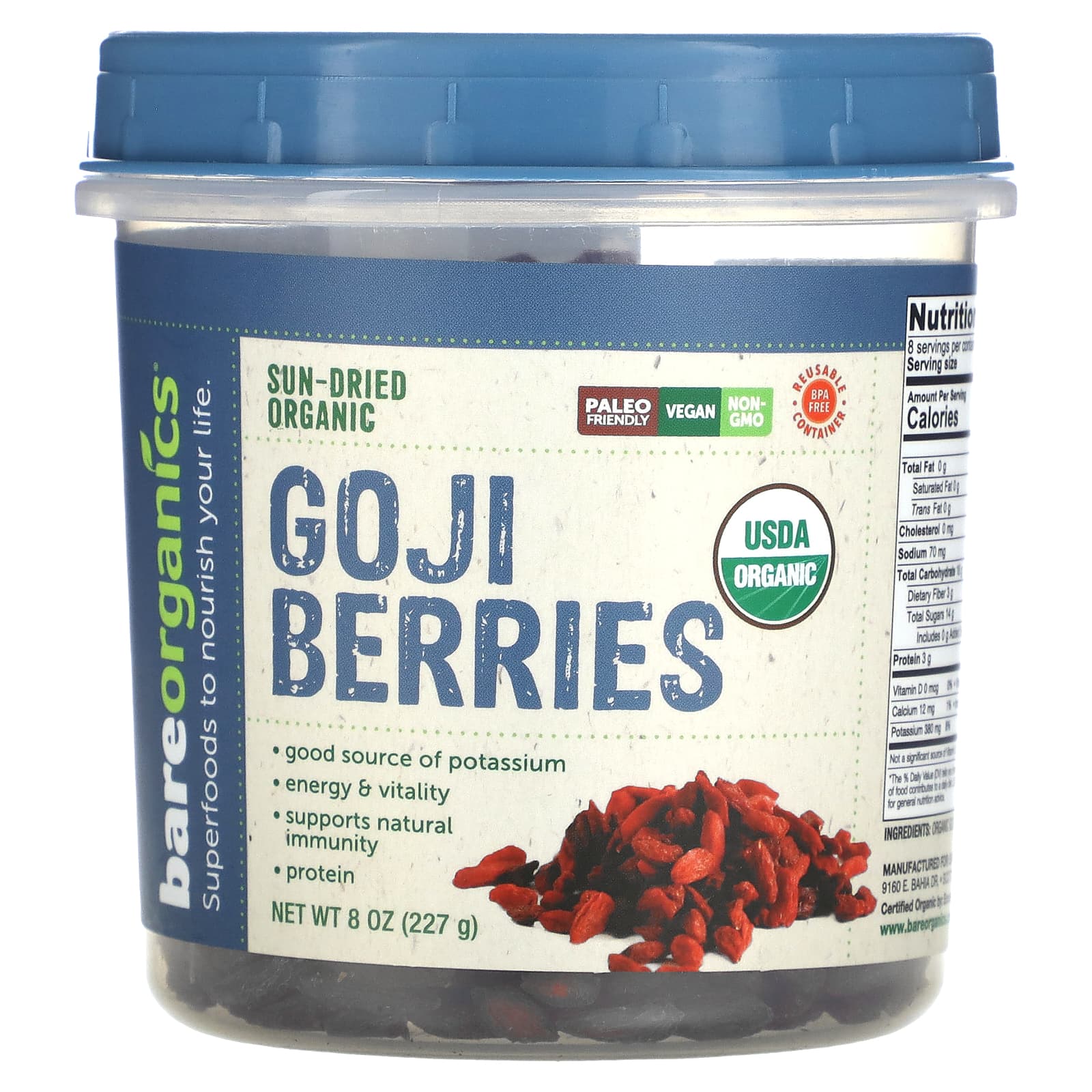 BareOrganics-Sun-Dried Organic Goji Berries-8 oz (227 g)