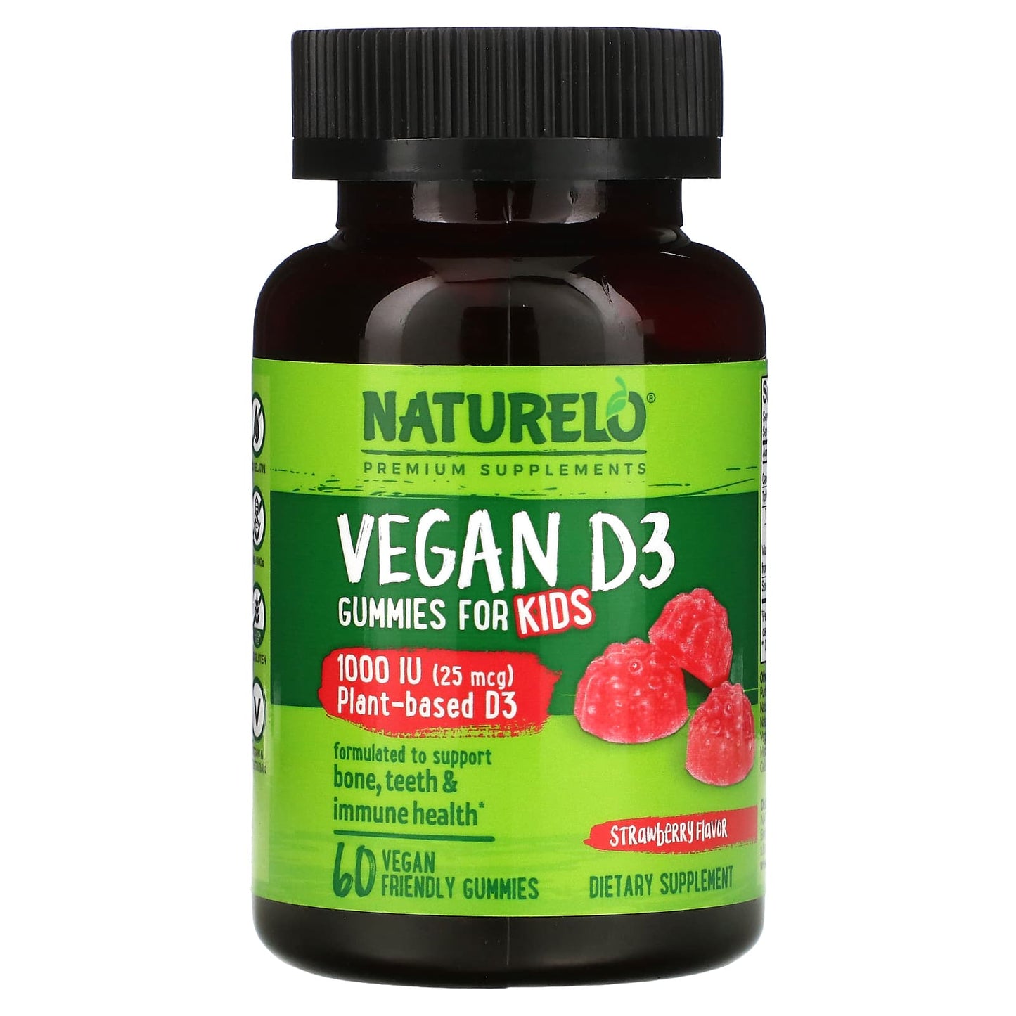 NATURELO-Vegan D3 for Kids-Strawberry-1,000 IU (25 mcg)-60 Vegan Friendly Gummies