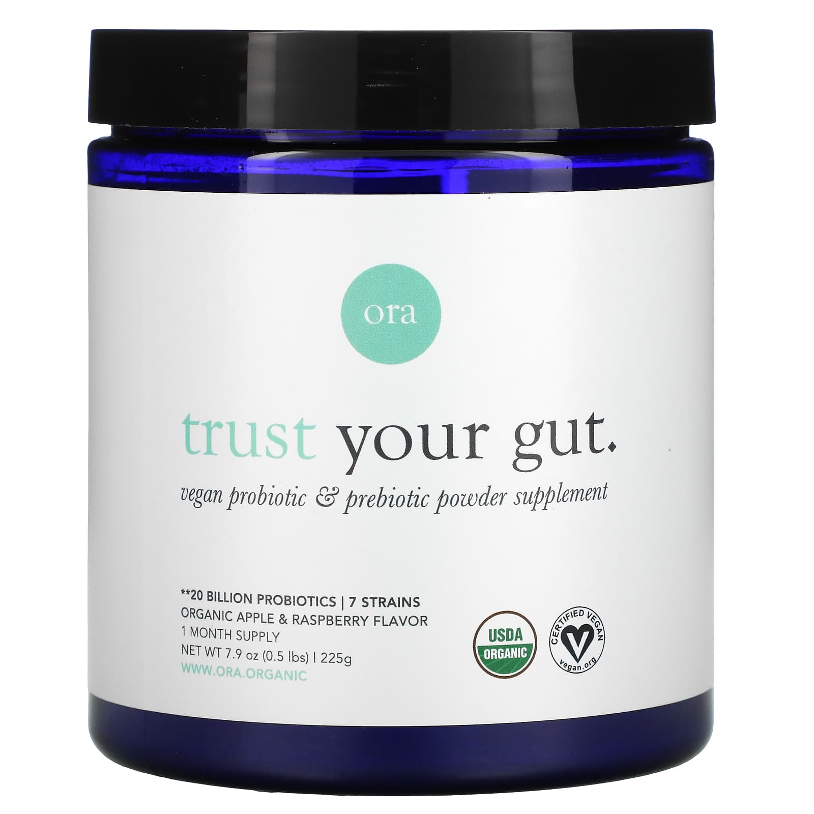 Ora-Trust Your Gut-Vegan Probiotic & Prebiotic Powder Supplement-Organic Apple & Raspberry -7.9 oz (225 g)