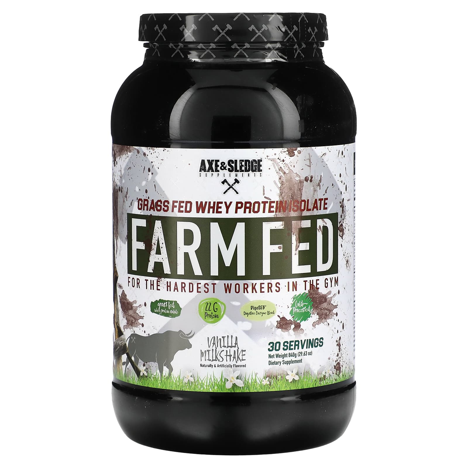 Axe & Sledge Supplements-Farm Fed-Grass Fed Whey Protein Isolate-Vanilla Milkshake-29.63 oz (840 g)