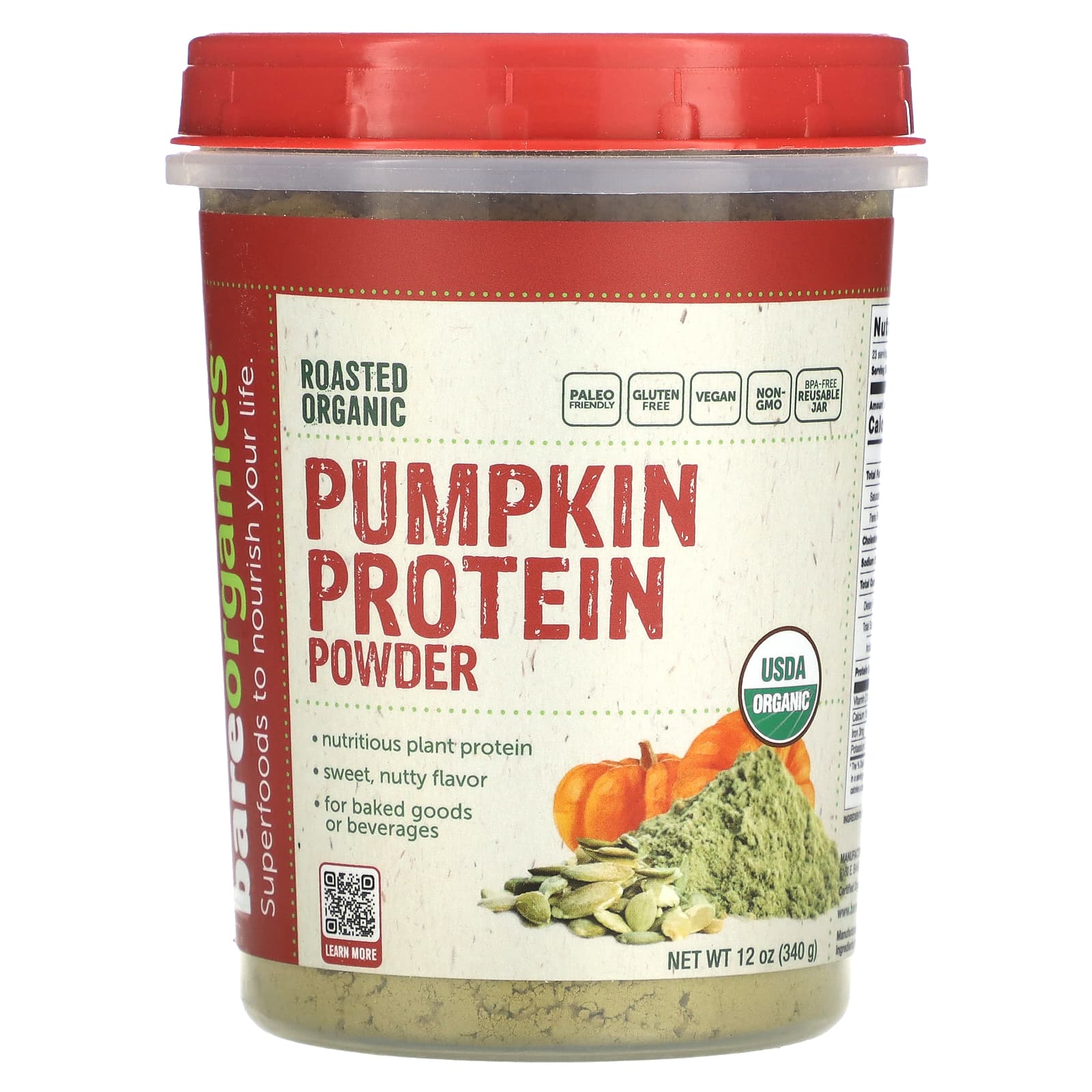 BareOrganics-Roasted Organic Pumpkin Protein Powder-12 oz (340 g)