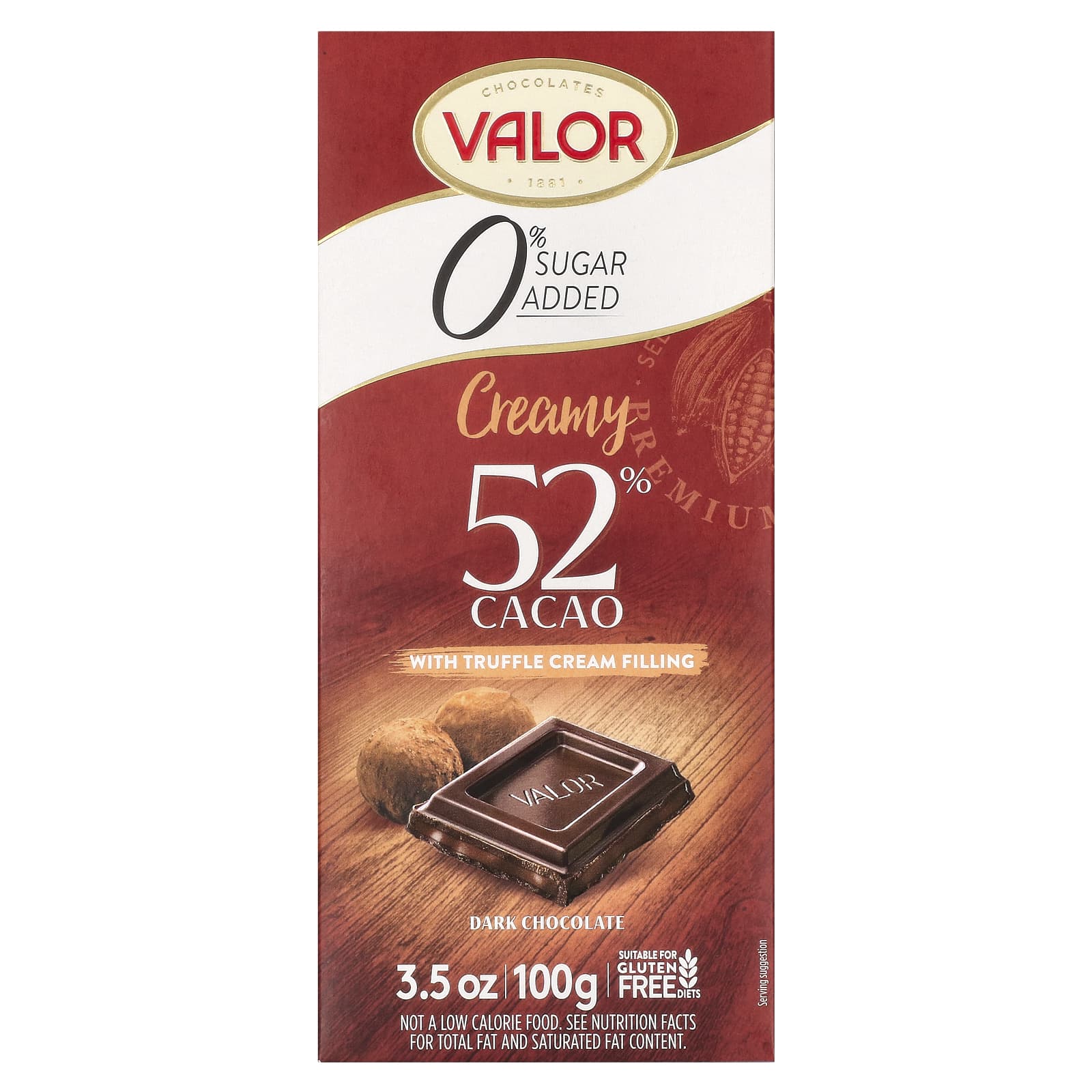 Valor-0% Sugar Added-Creamy Dark Chocolate with Truffle Cream Filling-52% Cacao-3.5 oz (100 g)