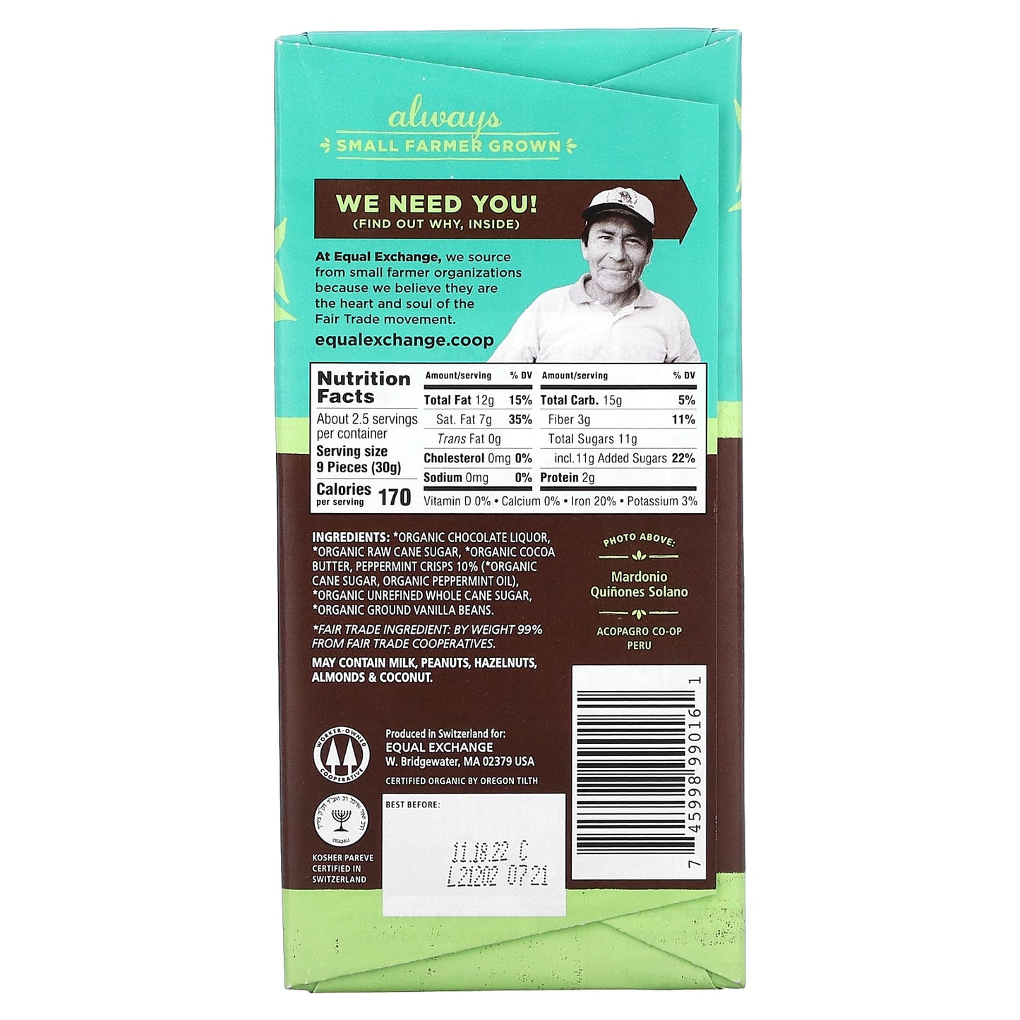 Equal Exchange, Organic Dark Chocolate, Mint Crunch, 2.8 oz (80 g)