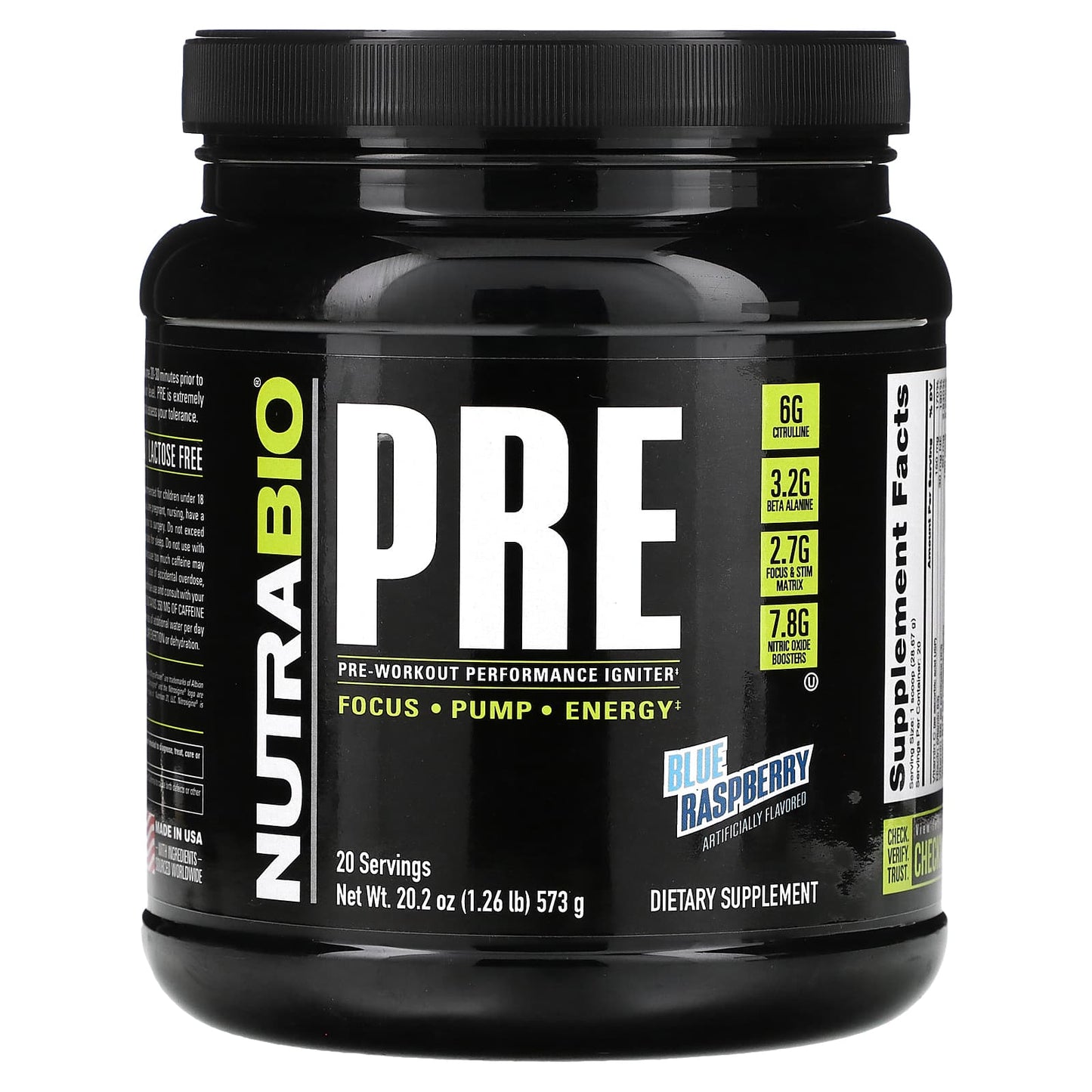 NutraBio-Pre-Workout Performance Igniter-Blue Raspberry-1.26 lb (573 g)