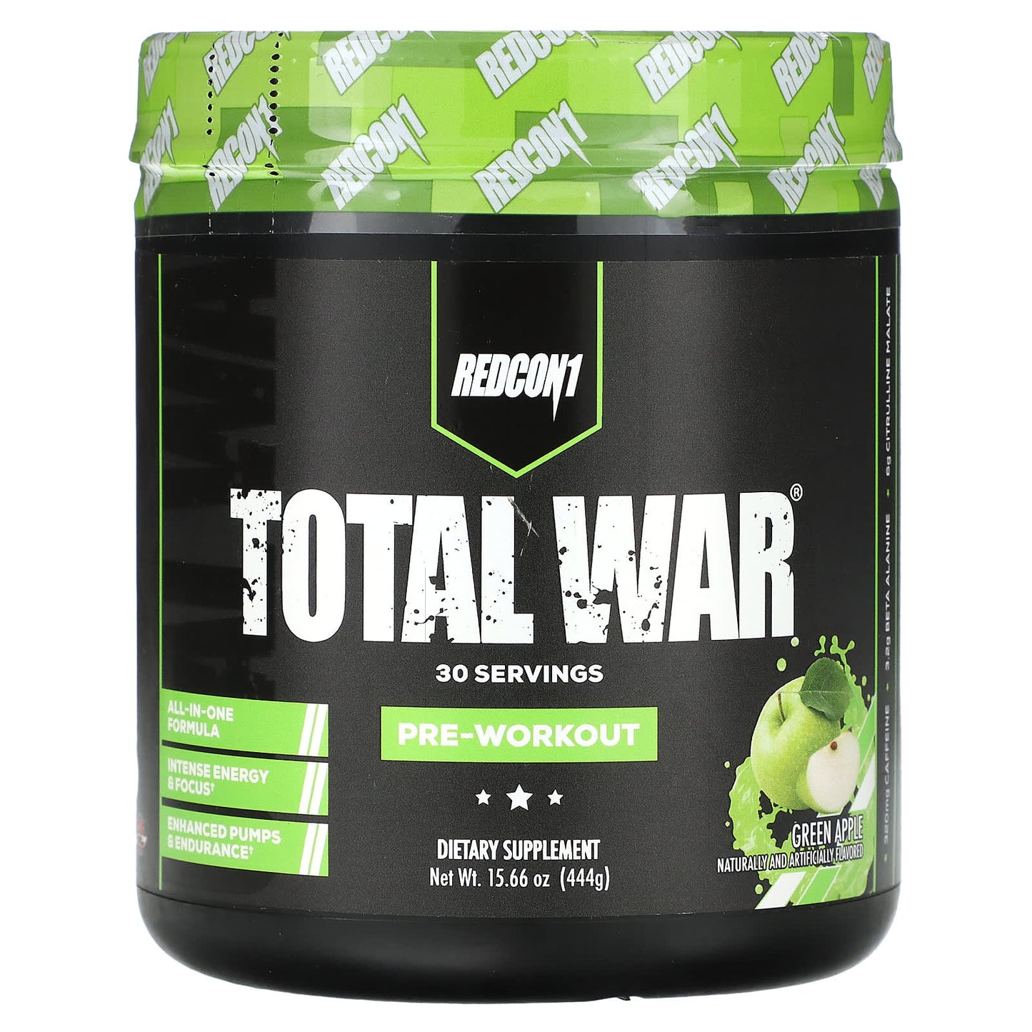 Redcon1-Total War-Pre-Workout-Green Apple-15.66 oz (444 g)