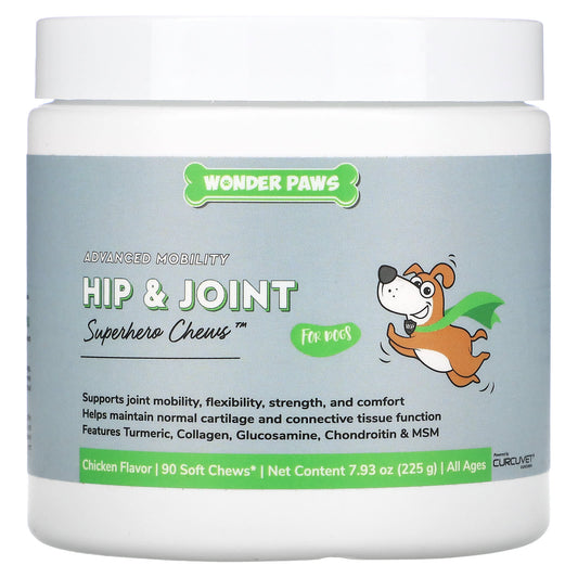 Wonder Paws-Advanced Mobility-Hip & Joint-Superhero Chews for Dogs-All Ages-Chicken -90 Soft Chews-7.93 oz (225 g)