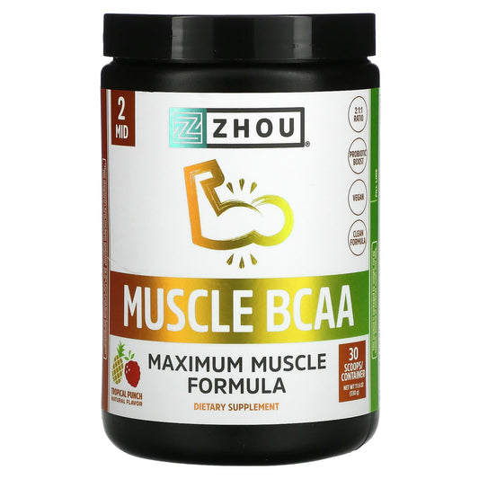 Zhou Nutrition-Muscle BCAA-Maximum Muscle Formula-Tropical Punch-11.6 oz (330 g)