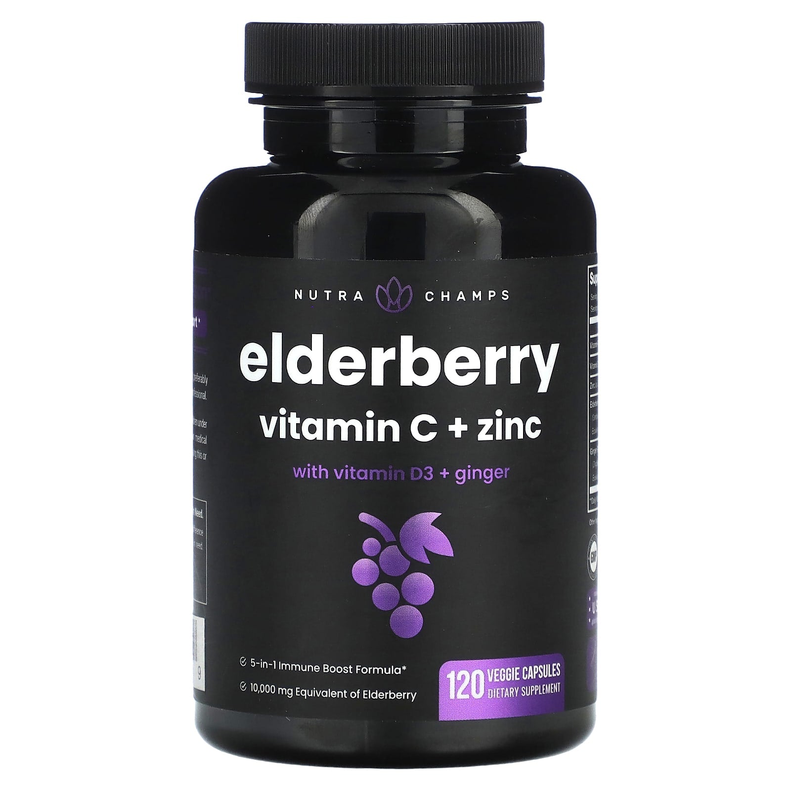 NutraChamps-Elderberry Vitamin C + Zinc with Vitamin D3 + Ginger-120 Veggie Capsules