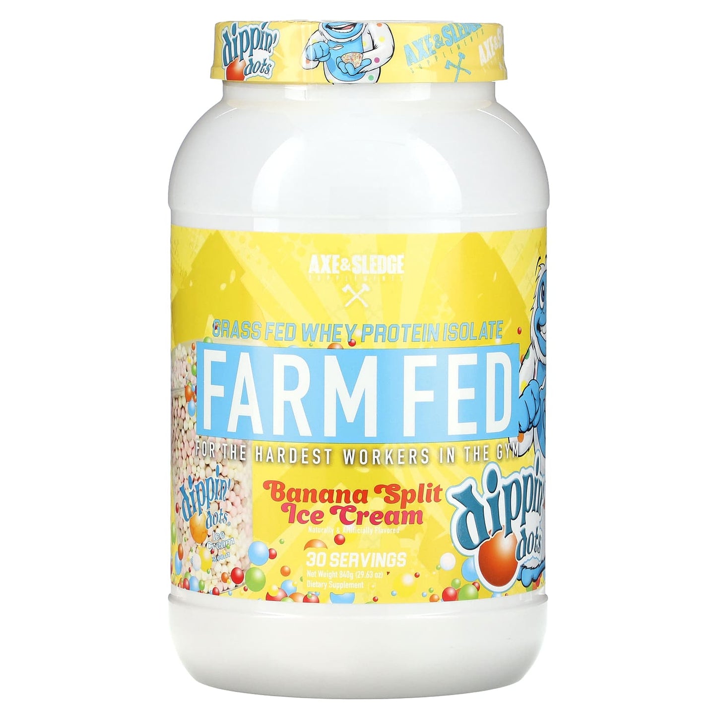 Axe & Sledge Supplements-Farm Fed-Grass Fed Whey Protein Isolate-Dippin' Dots Banana Split Ice Cream-29.63 oz (840 g)