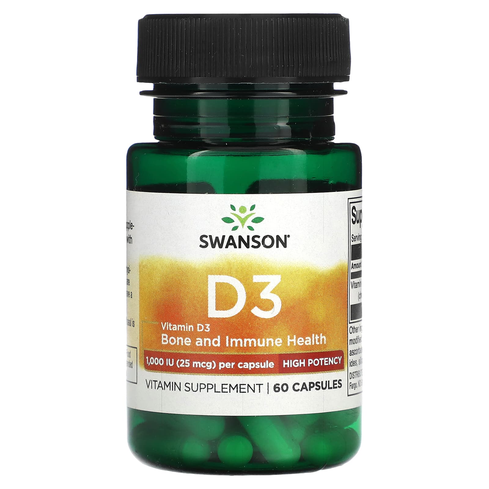 Swanson-Vitamin D3-High Potency-25 mcg (1,000 IU)-60 Capsules