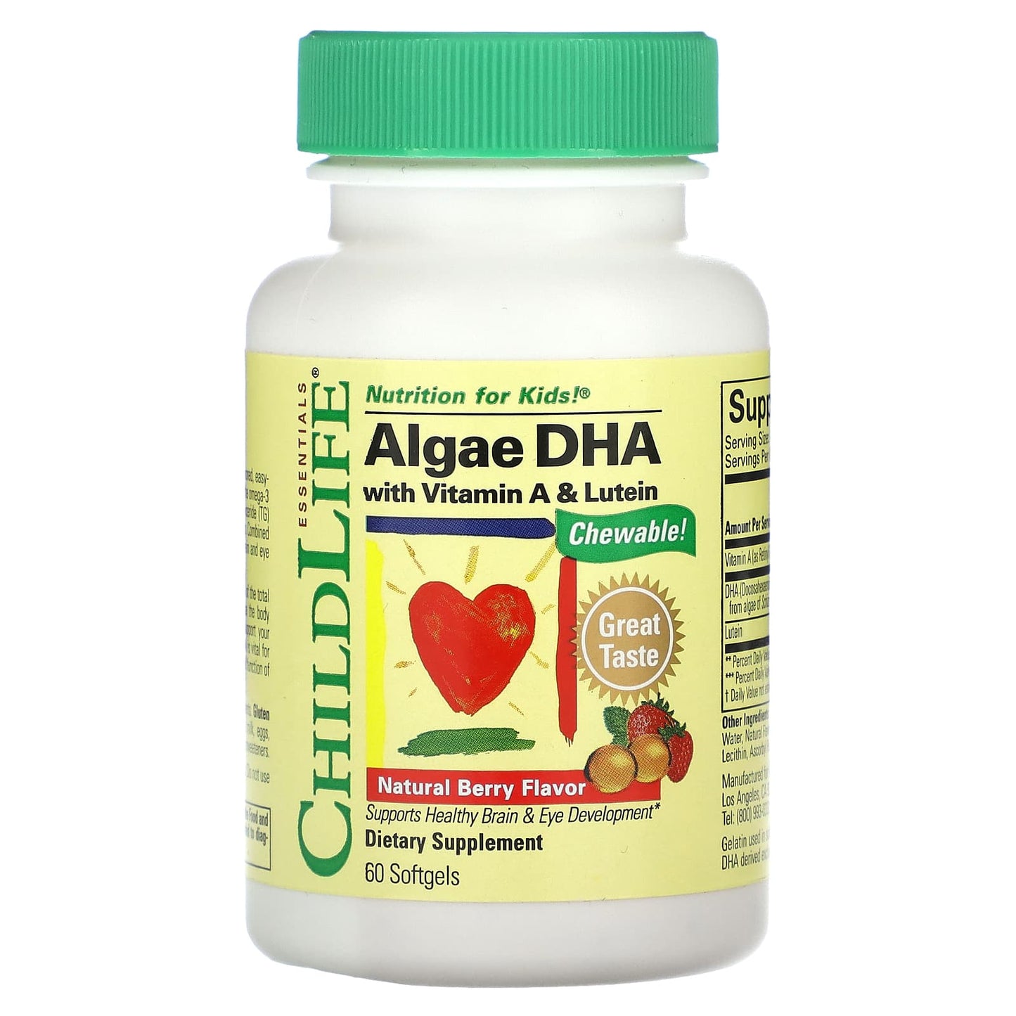 ChildLife Essentials-Algae DHA with Vitamin A & Lutein-Natural Berry-60 Softgels