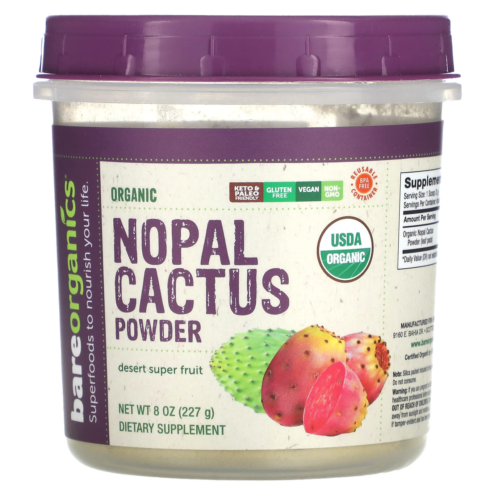 BareOrganics-Organic Nopal Cactus Powder-Desert Super Fruit-8 oz (227 g)