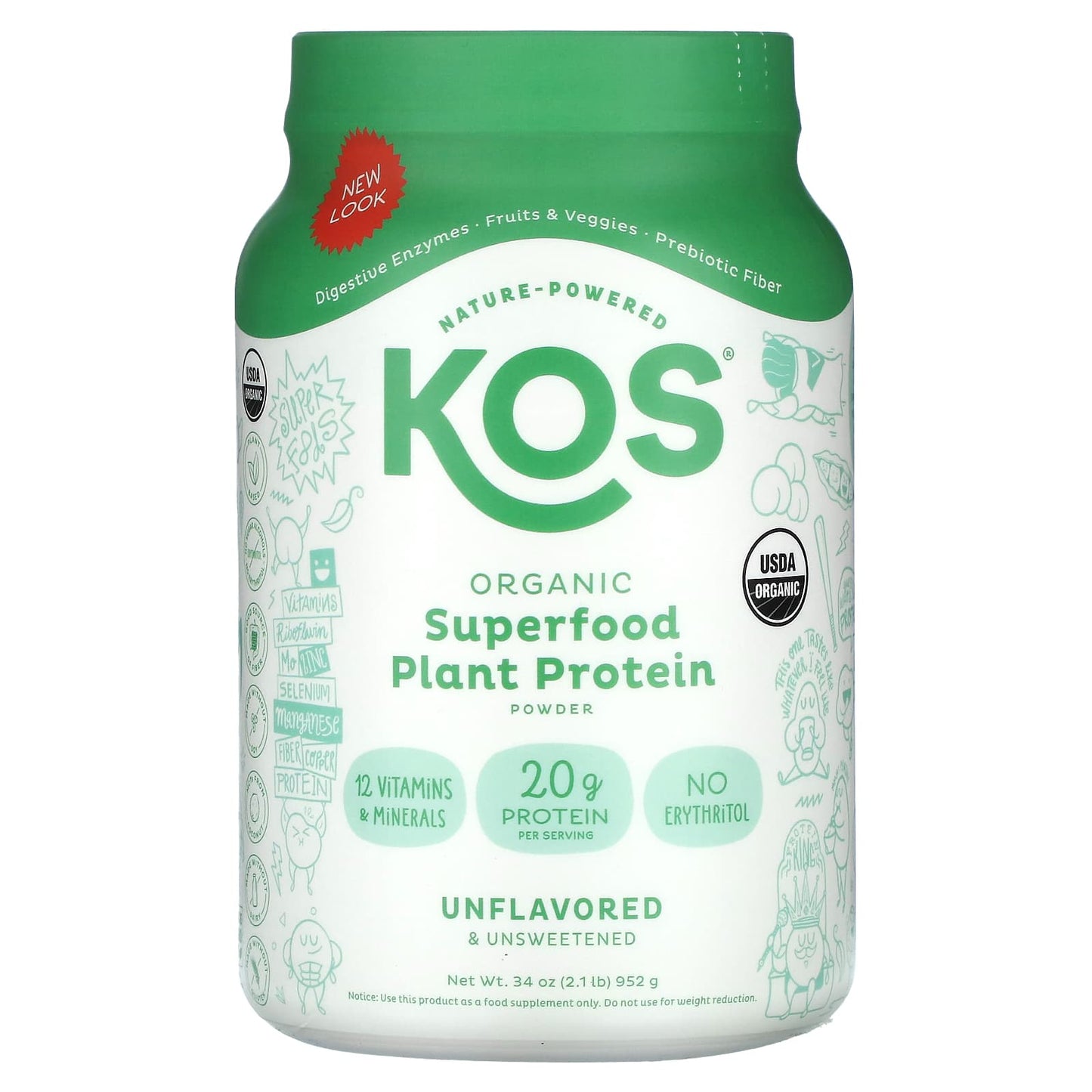 KOS-Organic Superfood Plant Protein Powder-Unflavored & Unsweetened-2.1 lb (952 g)