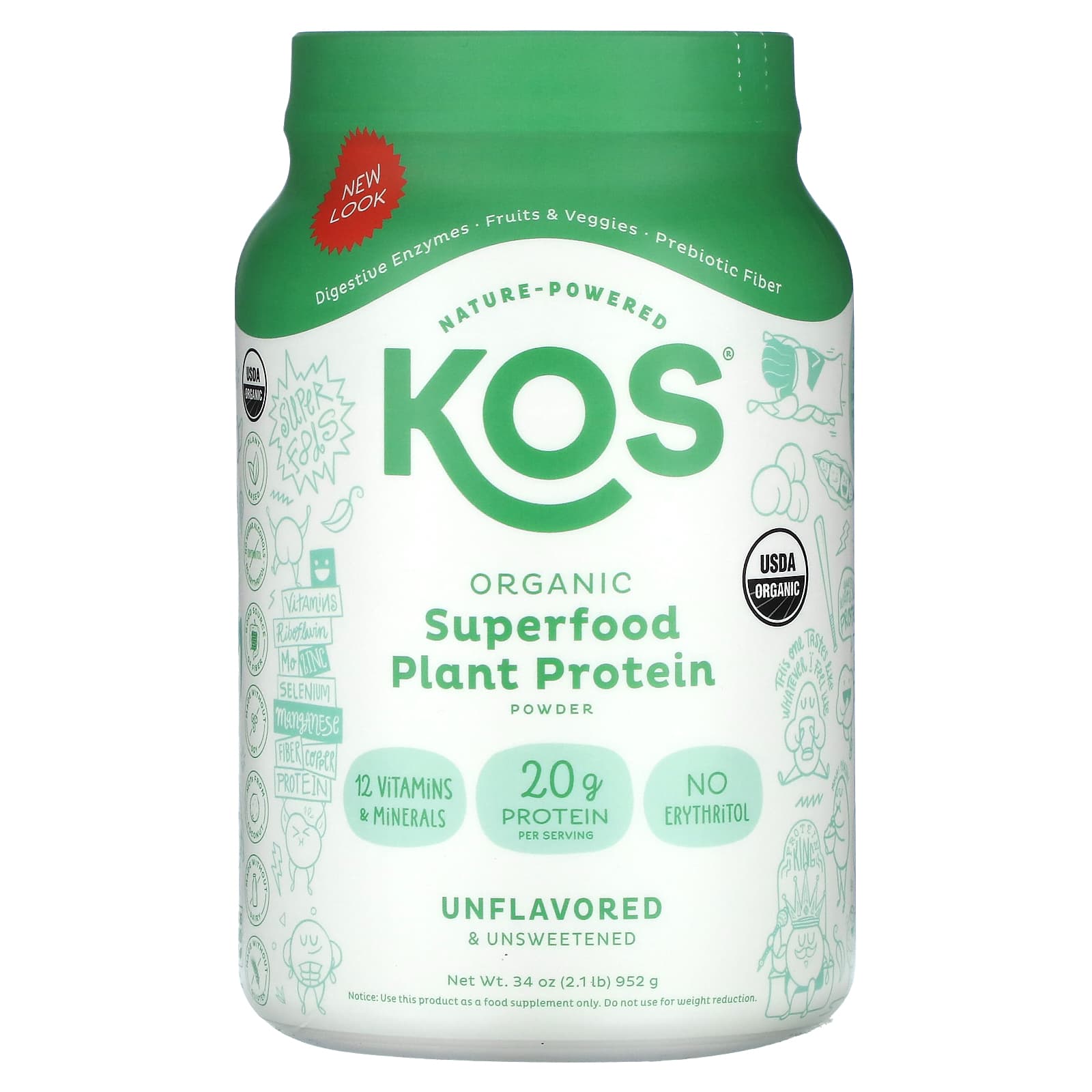 KOS-Organic Superfood Plant Protein Powder-Unflavored & Unsweetened-2.1 lb (952 g)