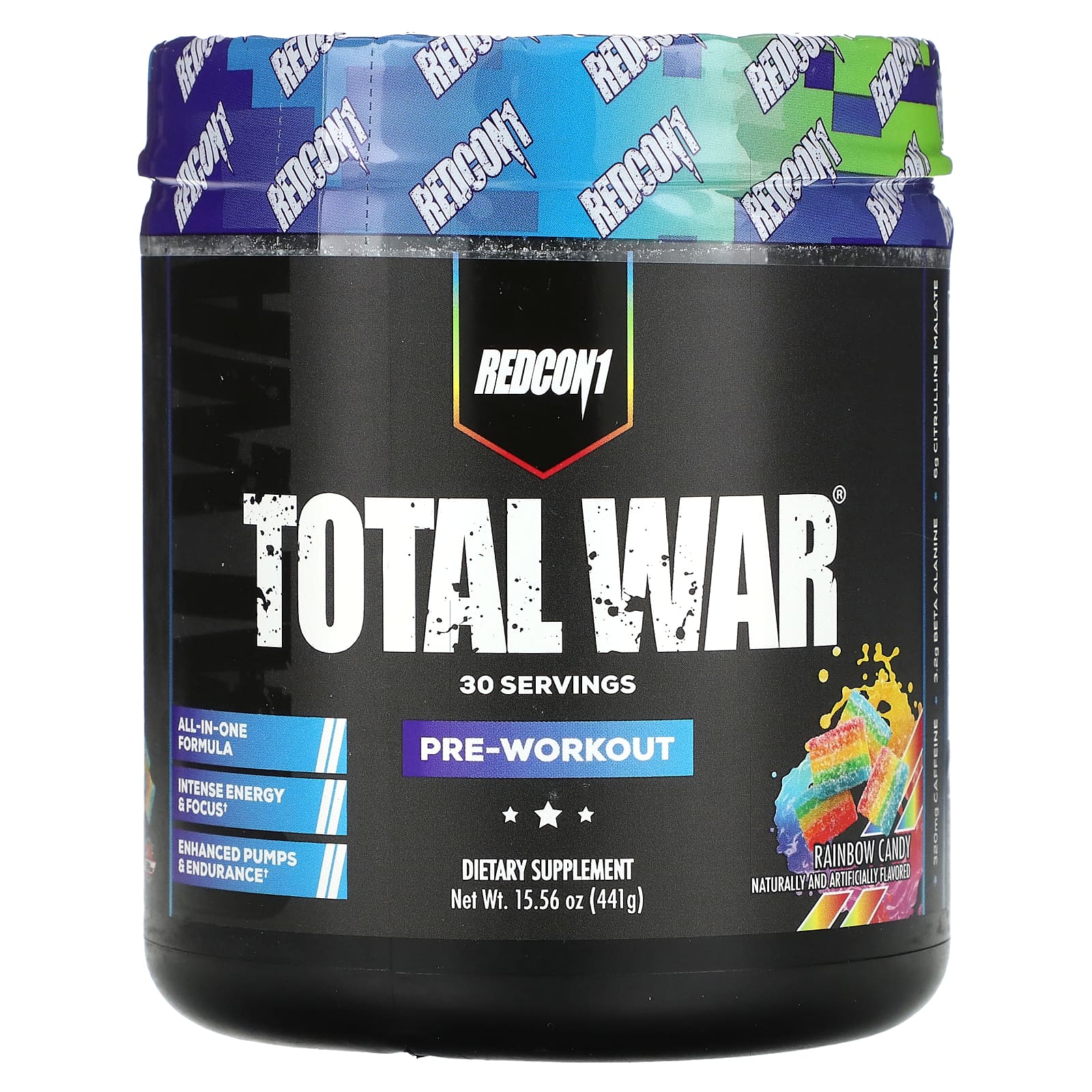 Redcon1-Total War-Pre-Workout-Rainbow Candy-15.56 oz (441 g)