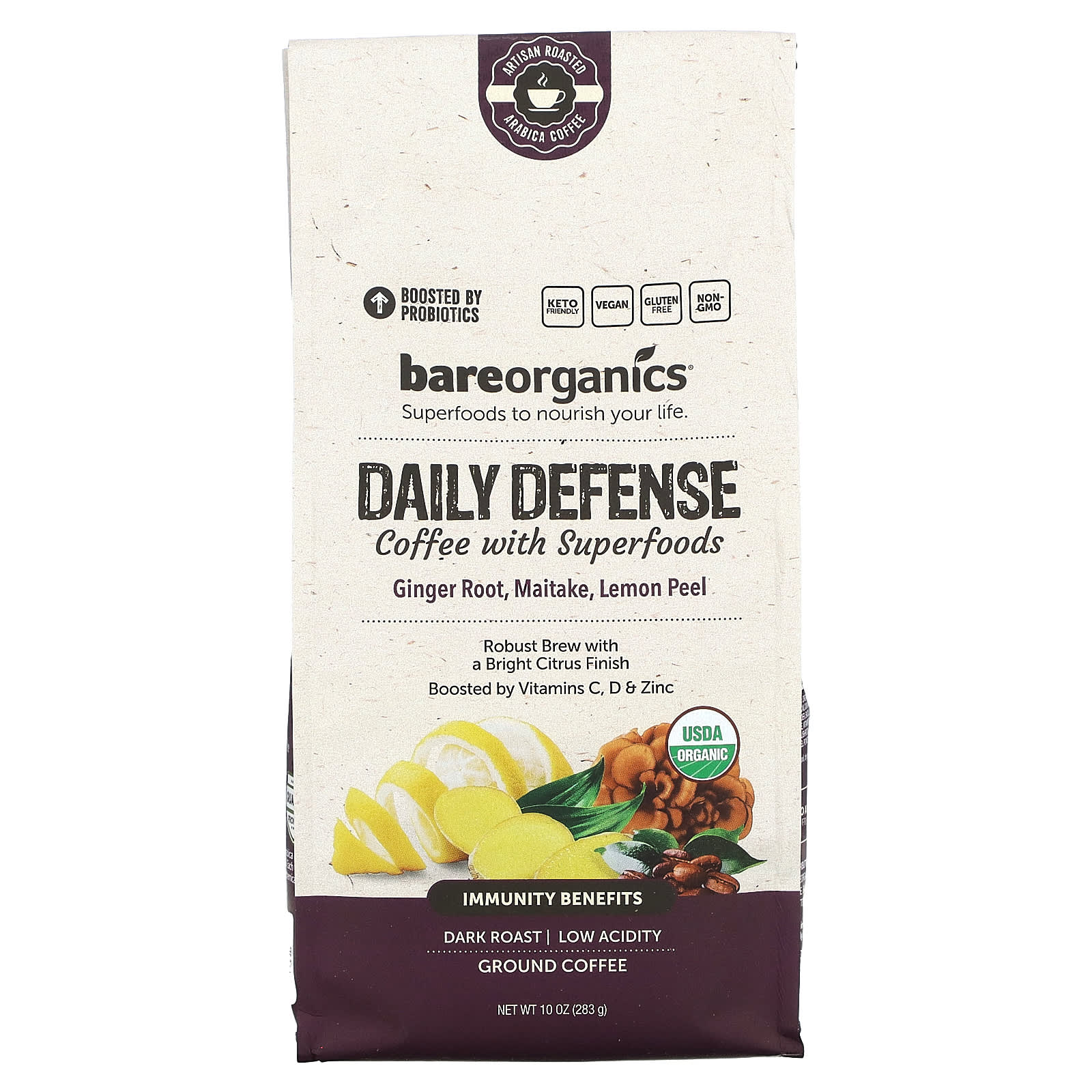 BareOrganics-Daily Defense Coffee With Superfoods-Ground-Dark Roast-10 oz (283 g)