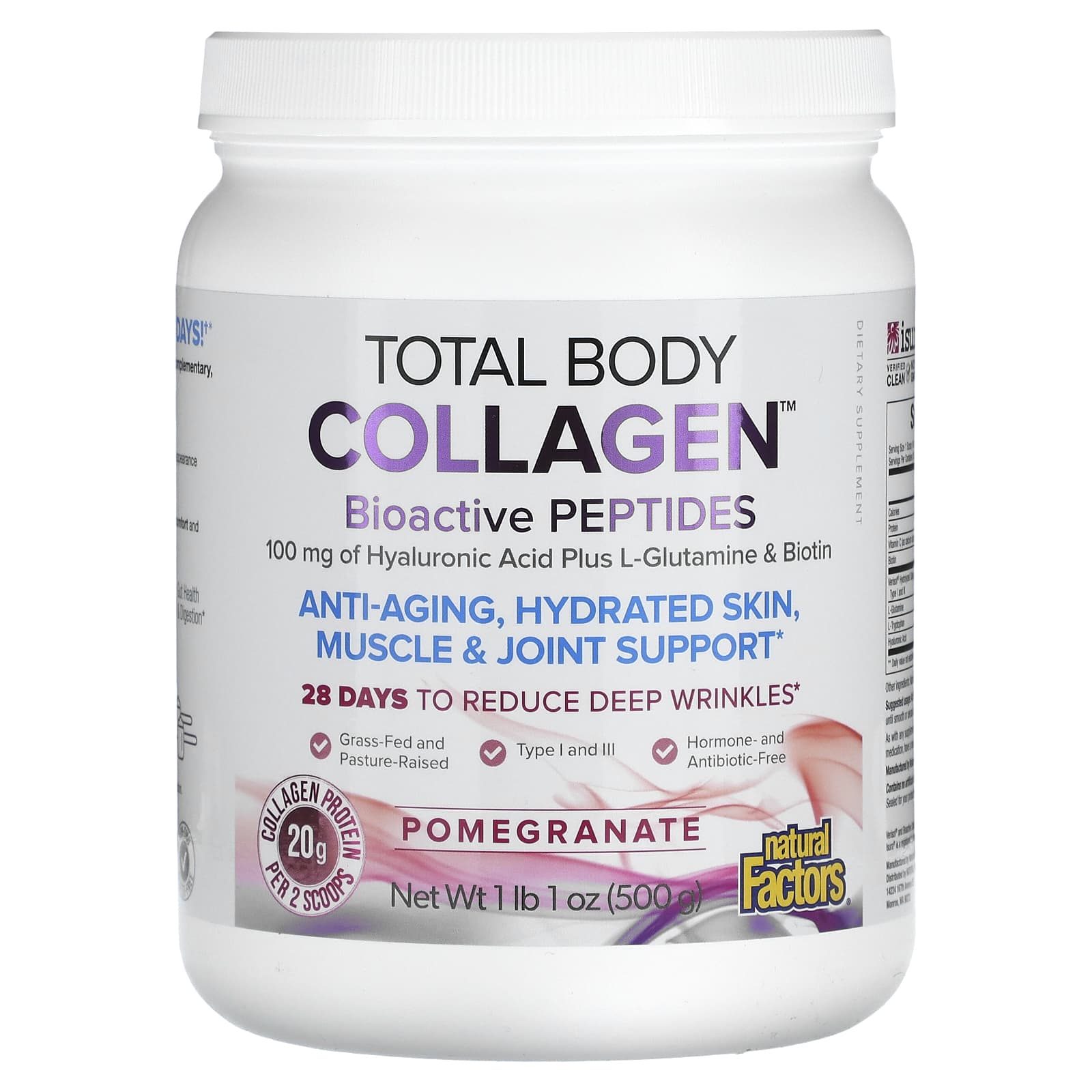 Natural Factors-Total Body Collagen-Bioactive Peptides-Pomegranate-100 mg-1 lb 1 oz (500 g)