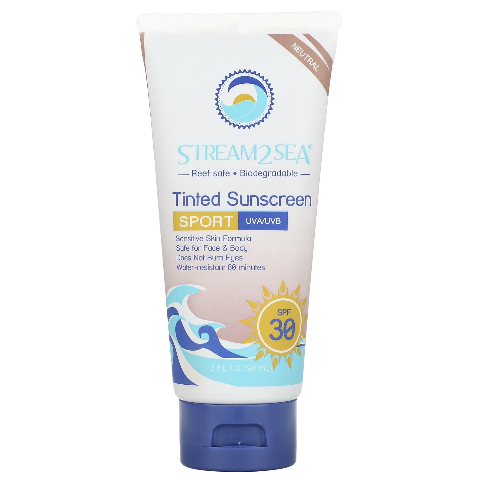 Stream2Sea-Tinted Sunscreen-Sport-SPF 30-Fragrance Free-3 fl oz (90 ml)