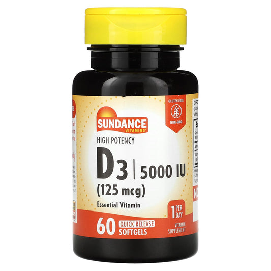 Sundance Vitamins-High Potency D3-125 mcg (5,000 IU)-60 Quick Release Softgels