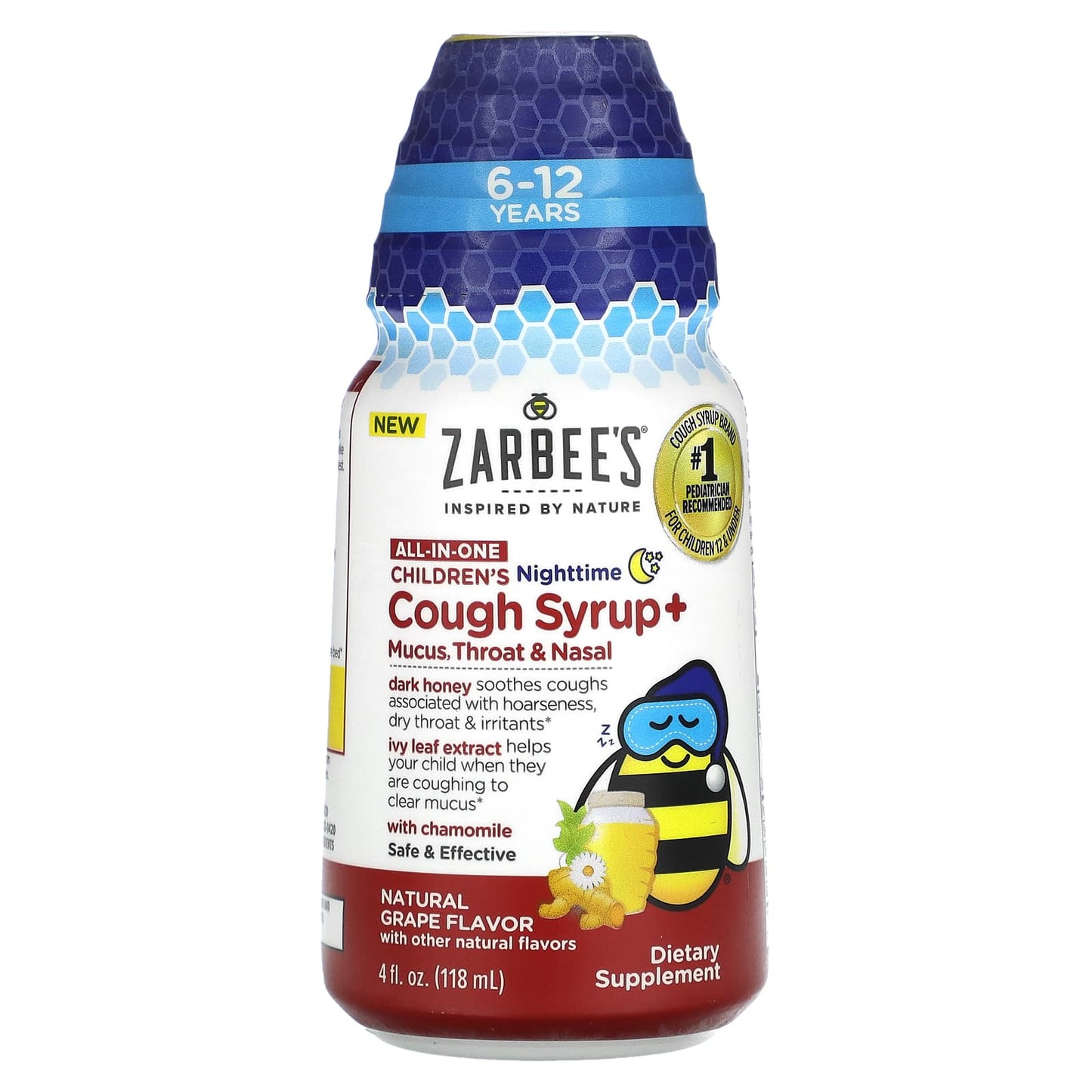 Zarbee's-All-In-One Children's Nighttime-Cough Syrup + Mucus-Throat & Nasal-6-12 Years-Natural Grape-4 fl oz (118 ml)