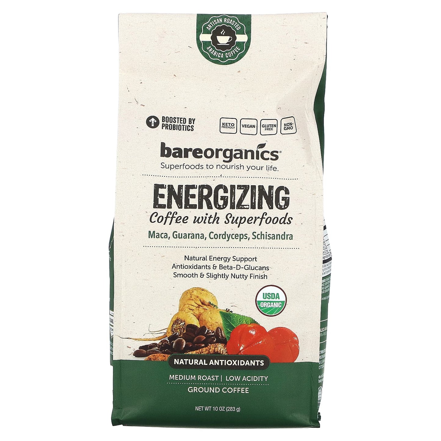 BareOrganics-Energizing Coffee With Superfoods-Ground-Medium Roast-10 oz (283 g)