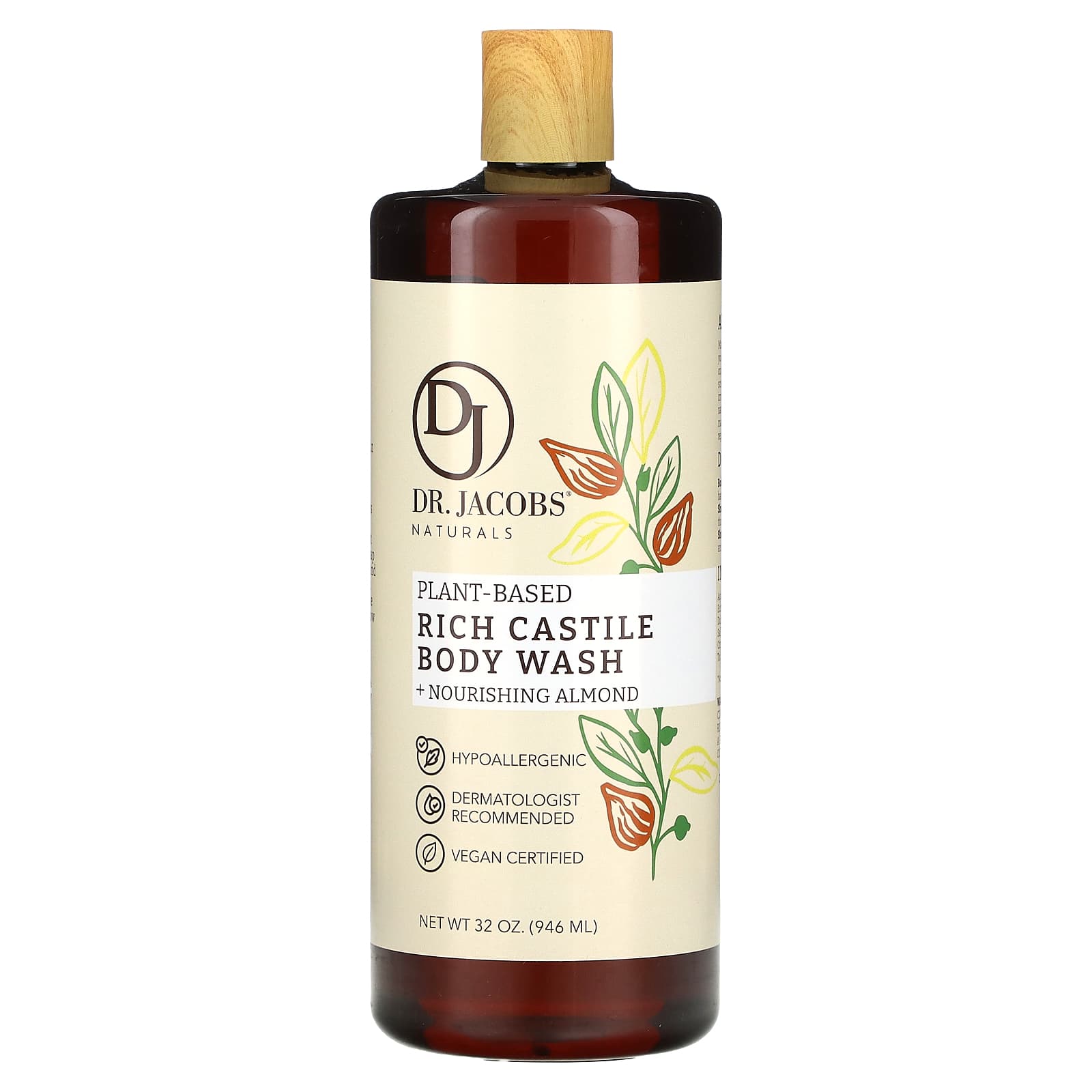 Dr. Jacobs Naturals-Plant-Based Rich Castile Body Wash + Nourishing Almond-32 oz (946 ml)