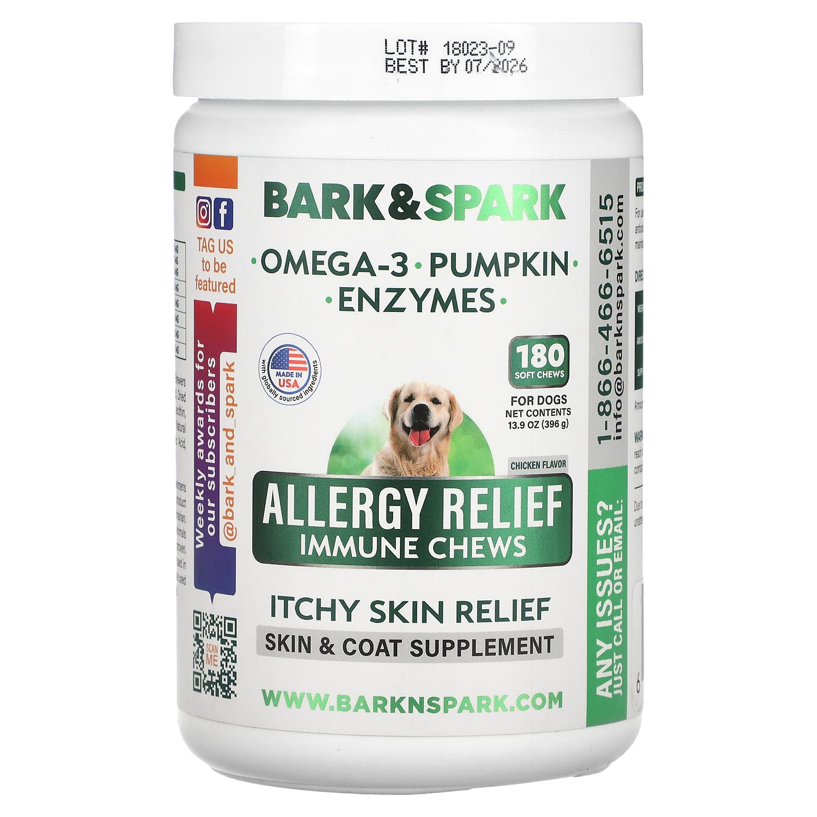 Bark&Spark-Allergy Relief Immune Chews-Itchy Skin Relief-For Dogs-Chicken-180 Soft Chews-13.9 oz (369 g)