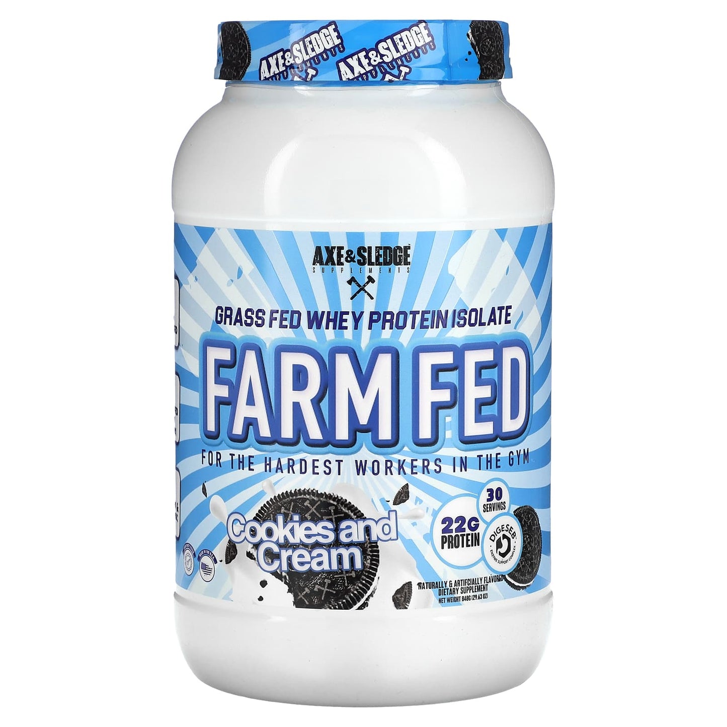 Axe & Sledge Supplements-Farm Fed-Grass Fed Whey Protein Isolate-Cookies and Cream-29.63 oz (840 g)