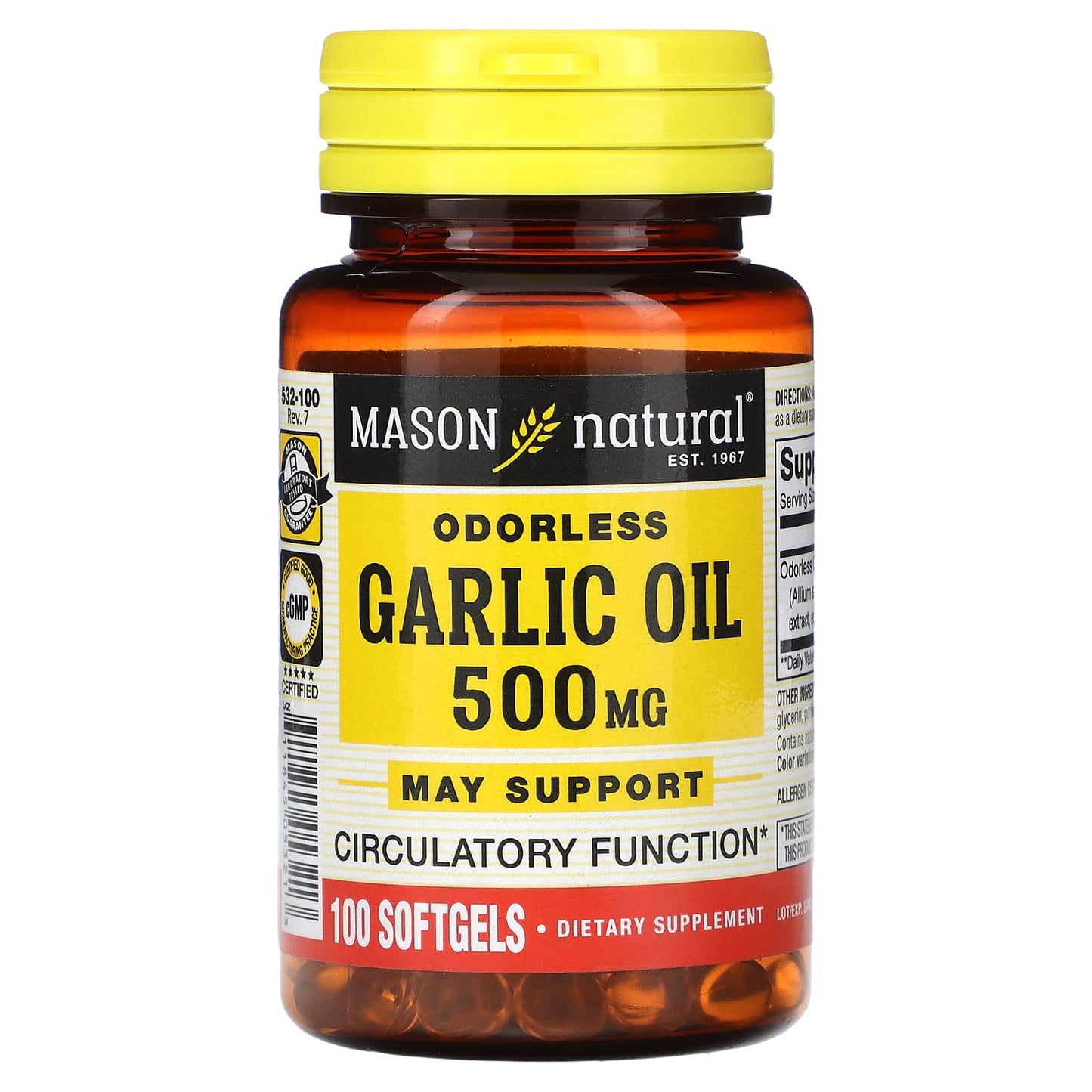 Mason Natural-Odorless Garlic Oil-500 mg -100 Softgels