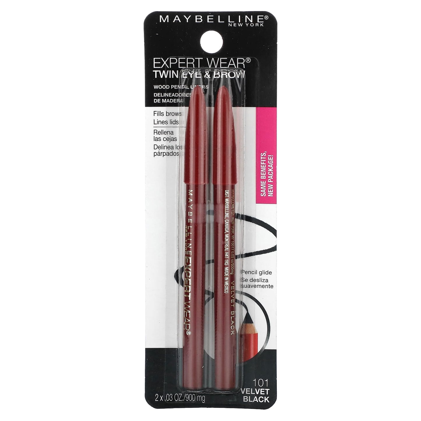 Maybelline, Expert Wear, Twin Eye & Brow, 101 Velvet Black, 2 Pencils, .03 oz (900 mg) Each