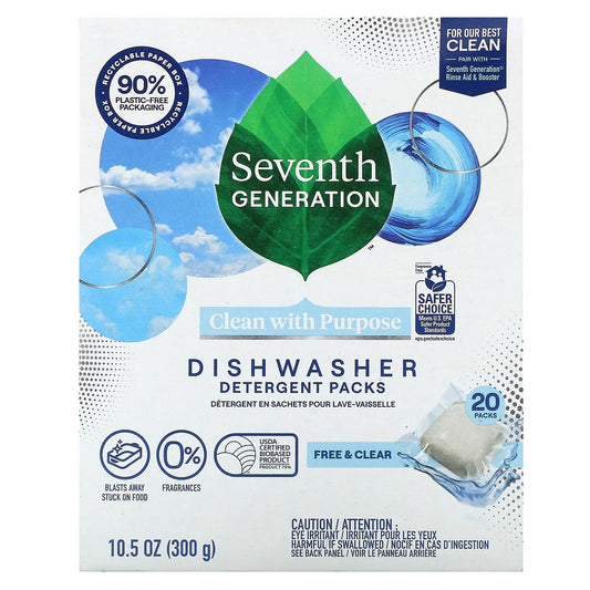 Seventh Generation-Dishwasher Detergent Packs-Free & Clear-Fragrance Free  -20 Packs-10.5 oz (300 g)