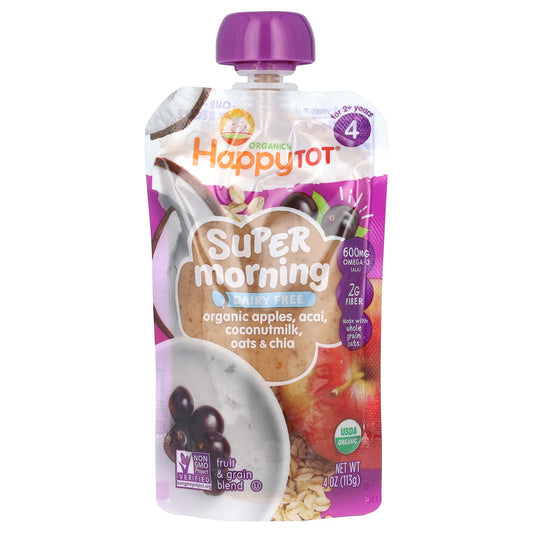 Happy Family Organics-Happy Tot-Super Morning-Dairy Free-For 2+ Years-Organic Apples-Acai-Coconutmilk-Oats & Chia-4 oz (113 g)