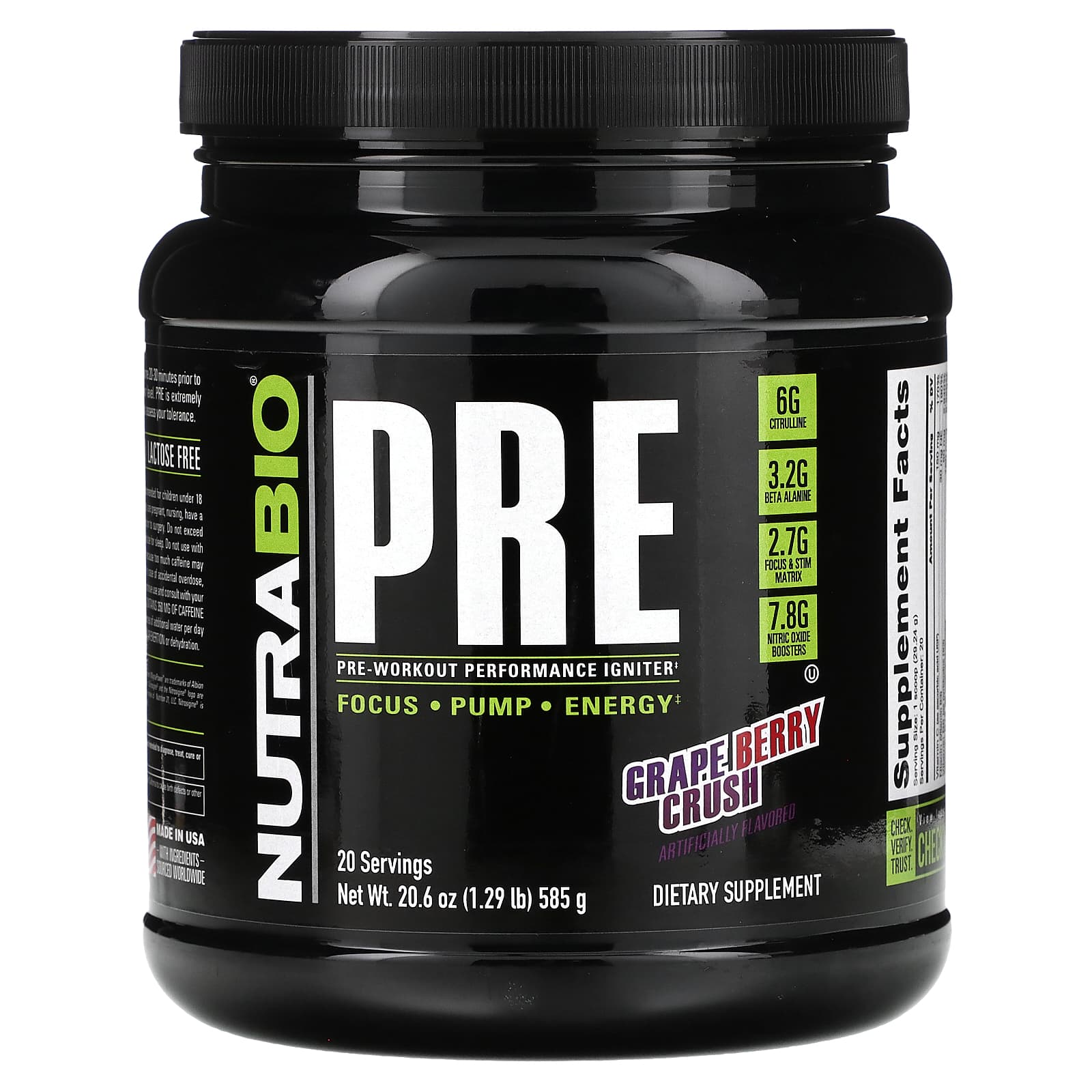 NutraBio-Pre-Workout Performance Igniter-Grape Berry Crush-1.29 lb (585 g)