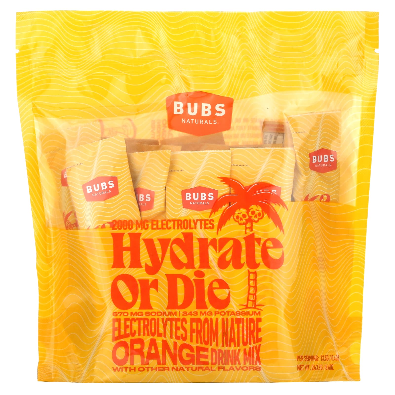 BUBS Naturals-Hydrate or Die-Electrolyte Drink Mix-Orange -18 Sticks-0.4 oz (13.5 g) Each