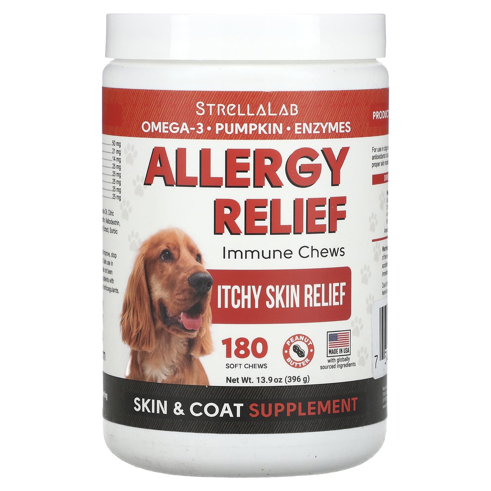 StrellaLab-Allergy Relief-Immune Chews-For Dogs-Peanut Butter-180 Soft Chews-13.9 oz (396 g)