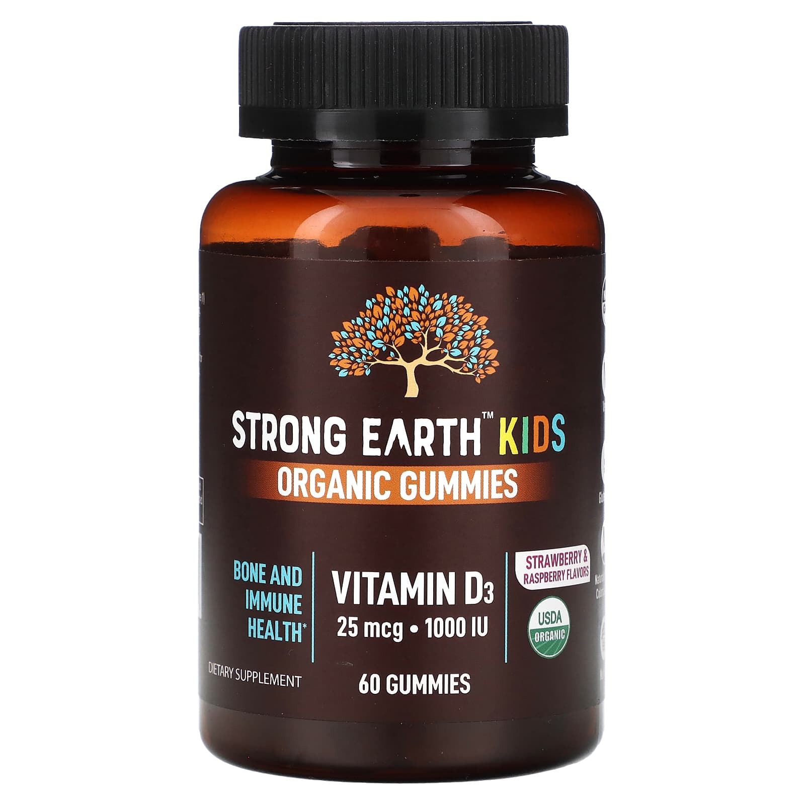 YumV's-Strong Earth Kids Organic Gummies-Vitamin D3-Strawberry & Raspberry-25 mcg (1,000 IU)-60 Gummies