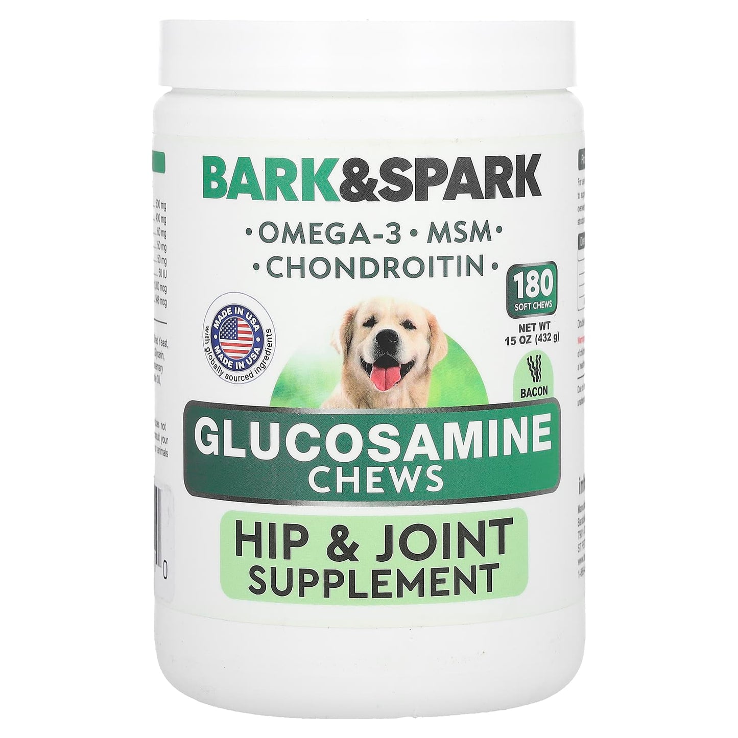 Bark&Spark-Glucosamine Chews-For Dogs-Bacon-180 Soft Chews-15 oz (432 g)