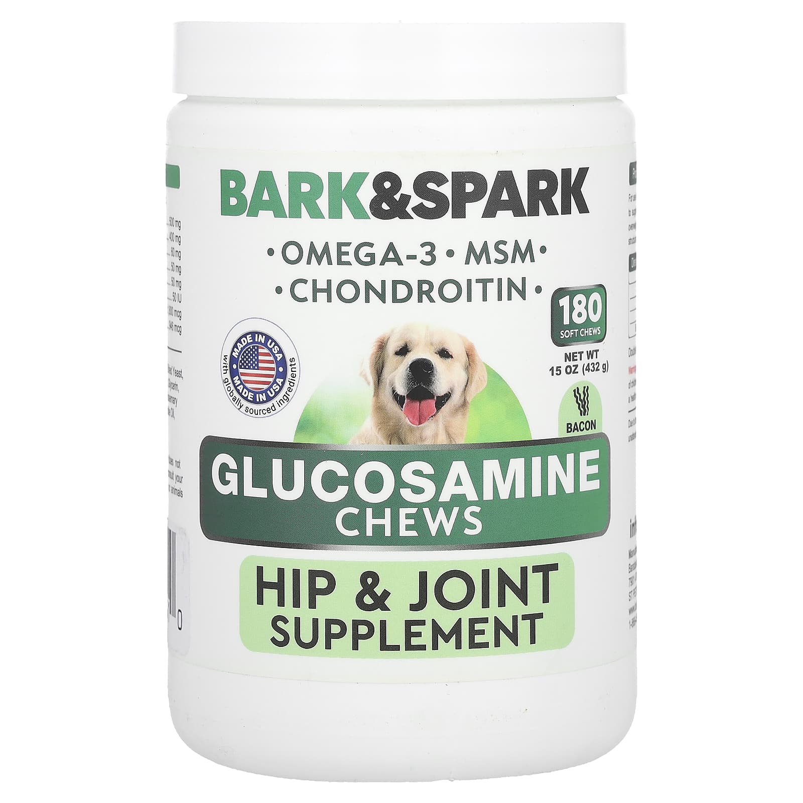 Bark&Spark-Glucosamine Chews-For Dogs-Bacon-180 Soft Chews-15 oz (432 g)