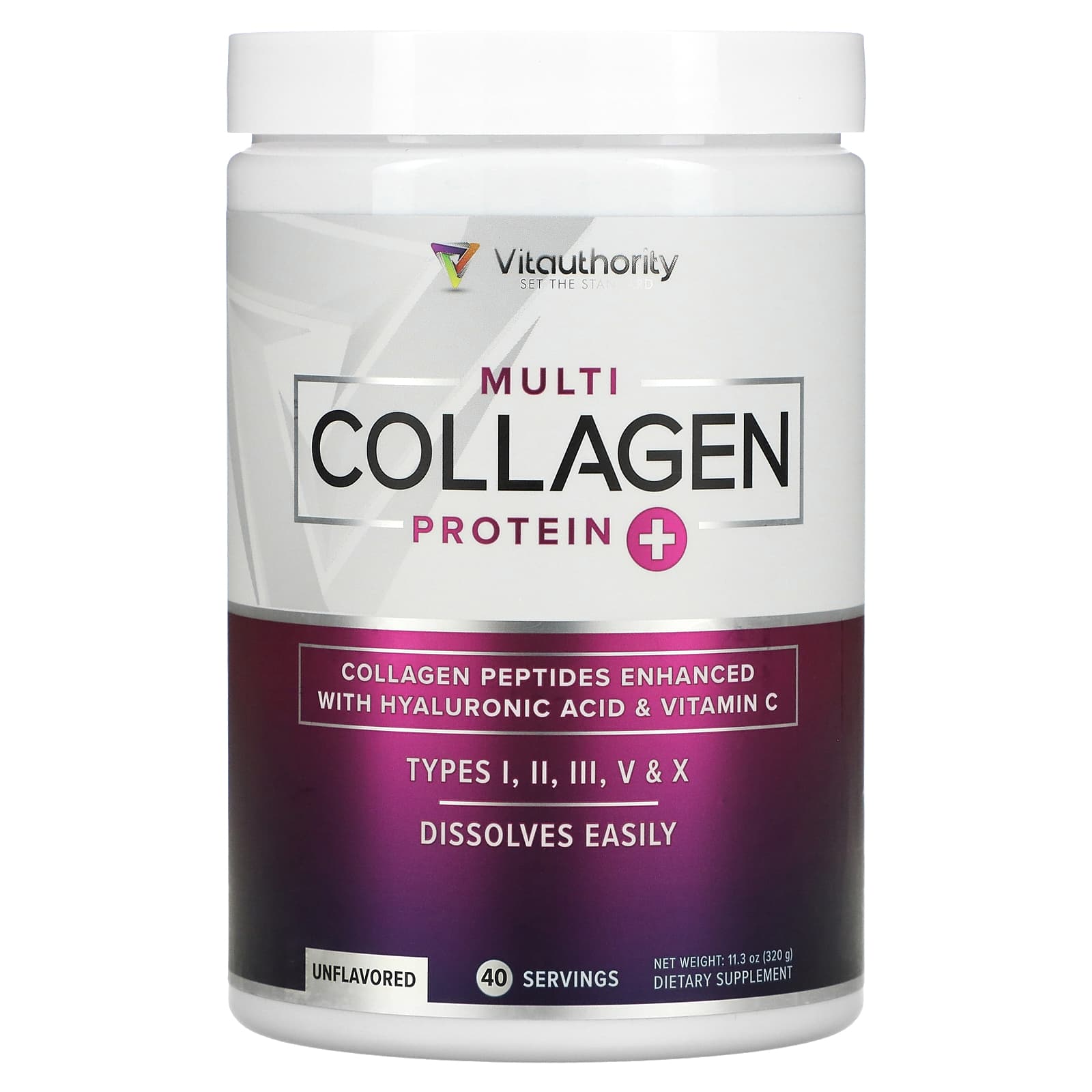 Vitauthority-Multi Collagen Protein Plus Vitamin C-Hyaluronic Acid-Unflavored-11.3 oz (320 g)