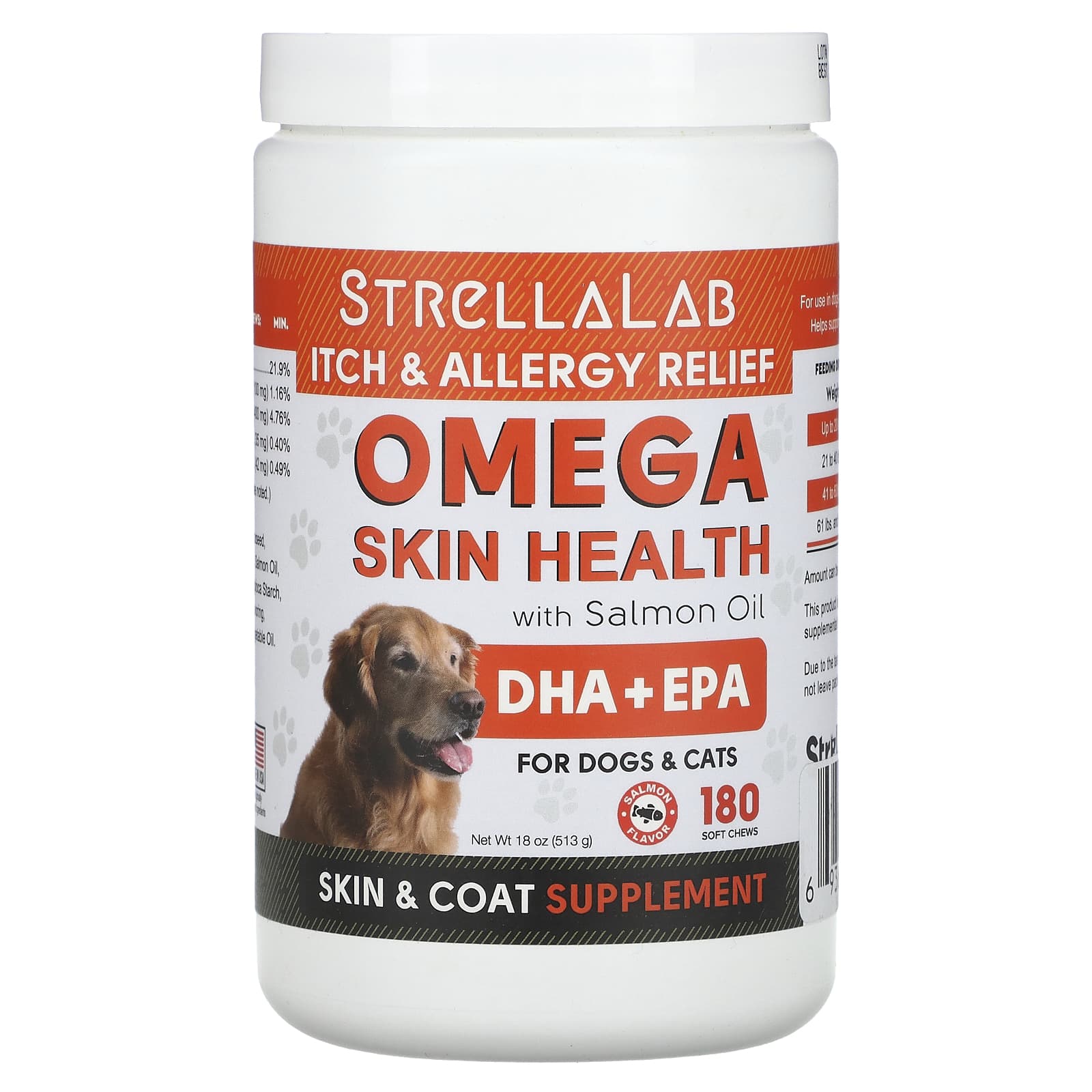 StrellaLab-Omega Skin Health With Salmon Oil-For Dogs & Cats-Salmon-180 Soft Chews-18 oz (513 g)