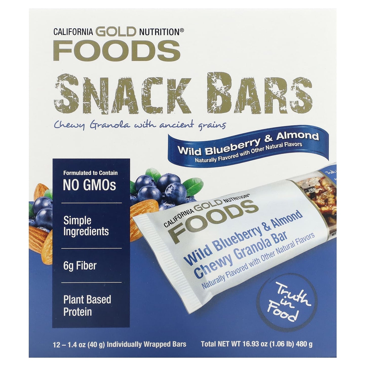 California Gold Nutrition, Wild Blueberry & Almond Chewy Granola Bars, 12 Bars, 1.4 oz (40 g) Each