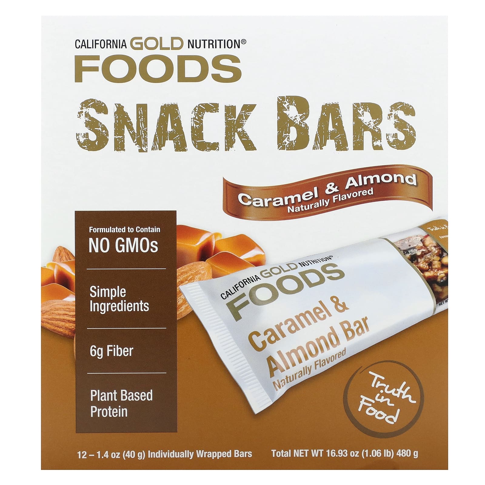 California Gold Nutrition-FOODS - Caramel Almond Bars-12 Bars-1.4 oz (40 g) Each